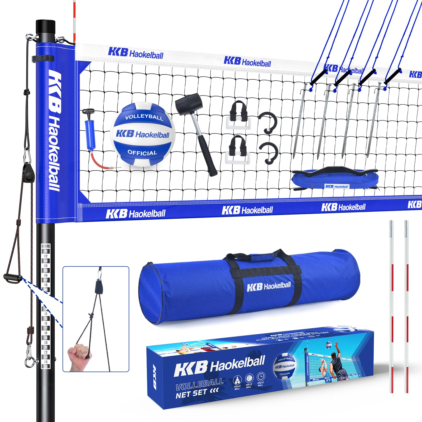 Heavy Duty Volleyball Net for Backyard with Volleyball Antennas, Adjustable Aluminum Poles and Net Tension Adjuster Outdoor Portable Volleyball Set with Volleyball, Hammer and Boundary Line
