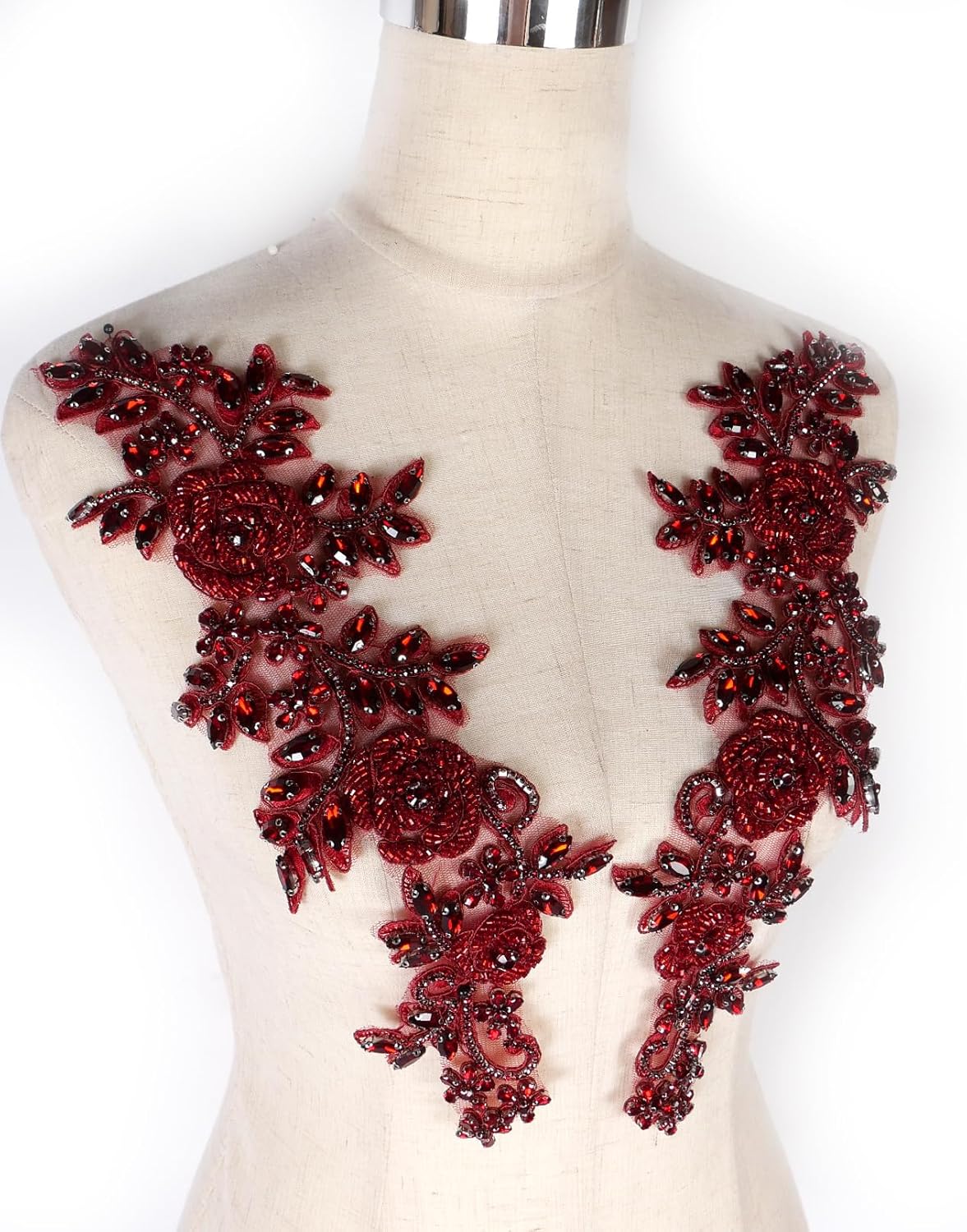 Beaded Rose Flowers &Leaves Rhinestone Pair Applique in Silver White AB Color Black for Prom Dress Belt Arts Crafts Sewing decorat (Wine)