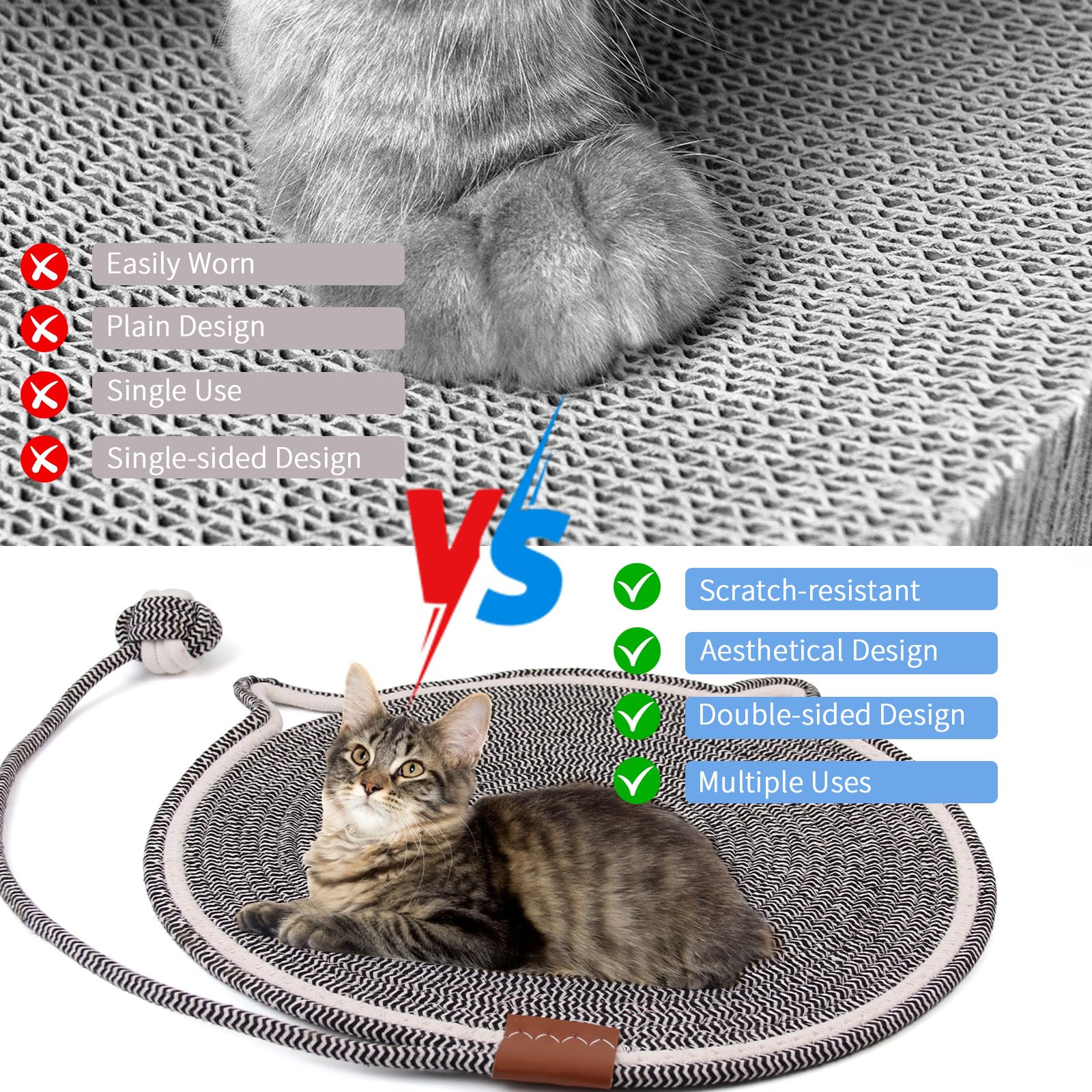 Tapis Griffoir Chat,2 Pièces Grattoir Chat Gris Griffoir pour Chat avec Jouet de Balle, Planche à Gratter 42 cm Corde de Coton Tapis Protège Les Meubles et Les Canapés Chat Accessoire