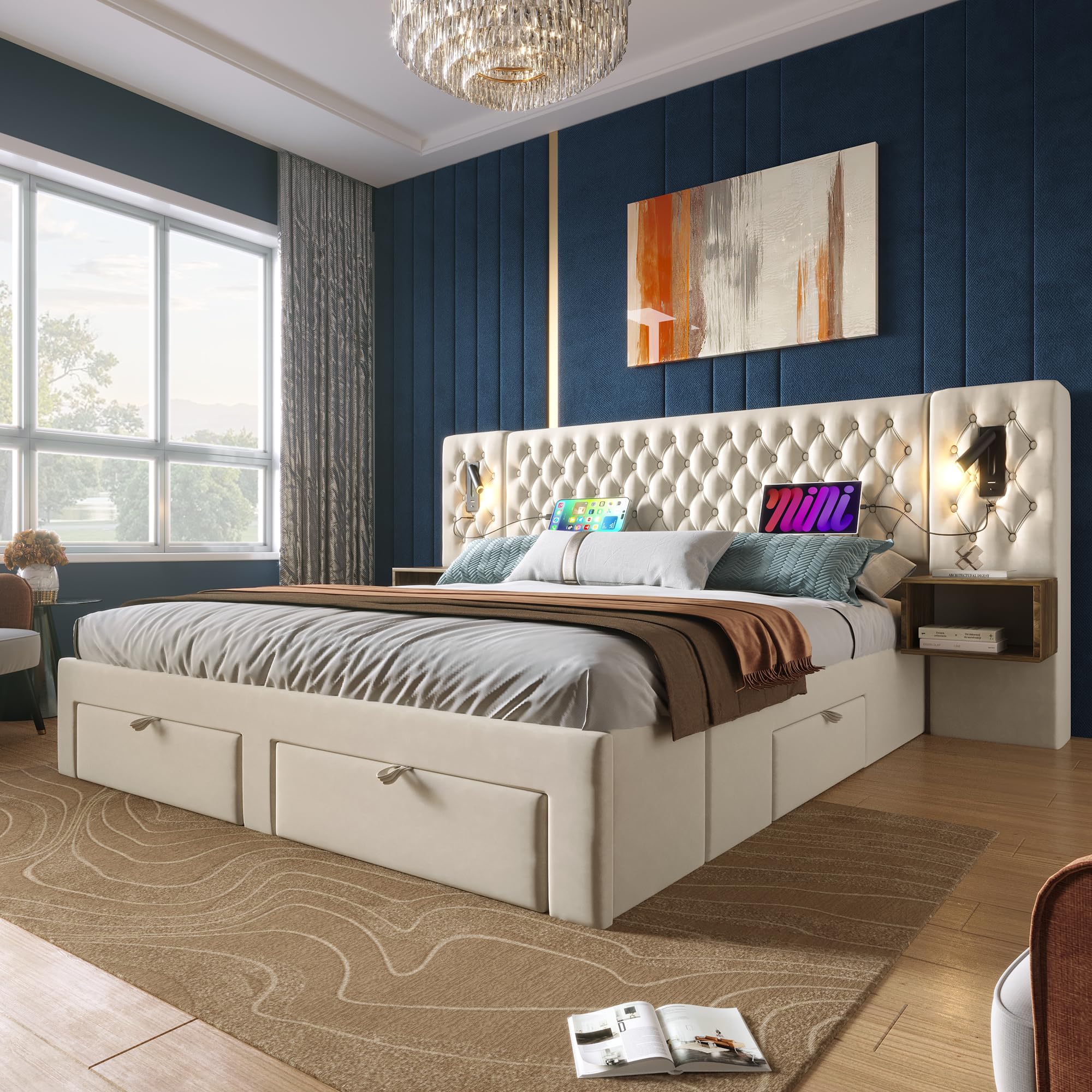 Idemon Set completo per camera da letto, letto matrimoniale, 160 x 200 cm, con 2 comodini e 4 cassetti, testiera con funzione di ricarica USB, 243 x 211 x 106 cm, velluto (senza materasso) (beige)