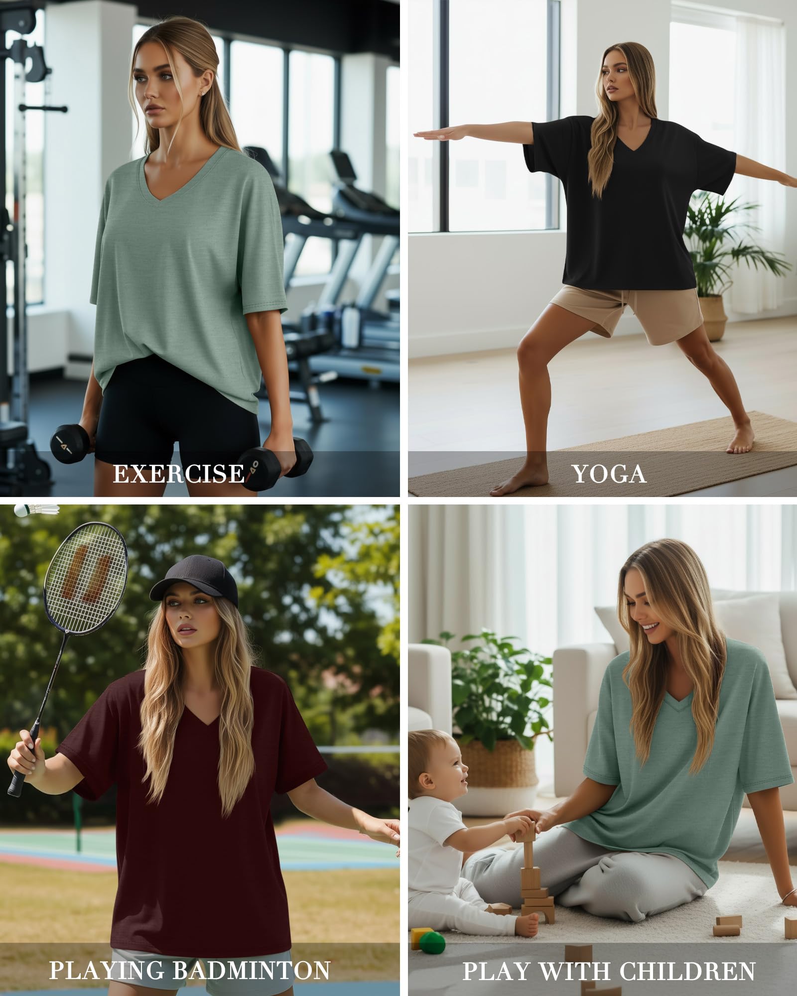 Geyoga 3er-Pack Damen-Oversize-Baumwoll-T-Shirts V-Ausschnitt Locker Geschnitten Sport-T-Shirts Kurzarm-Oberteile