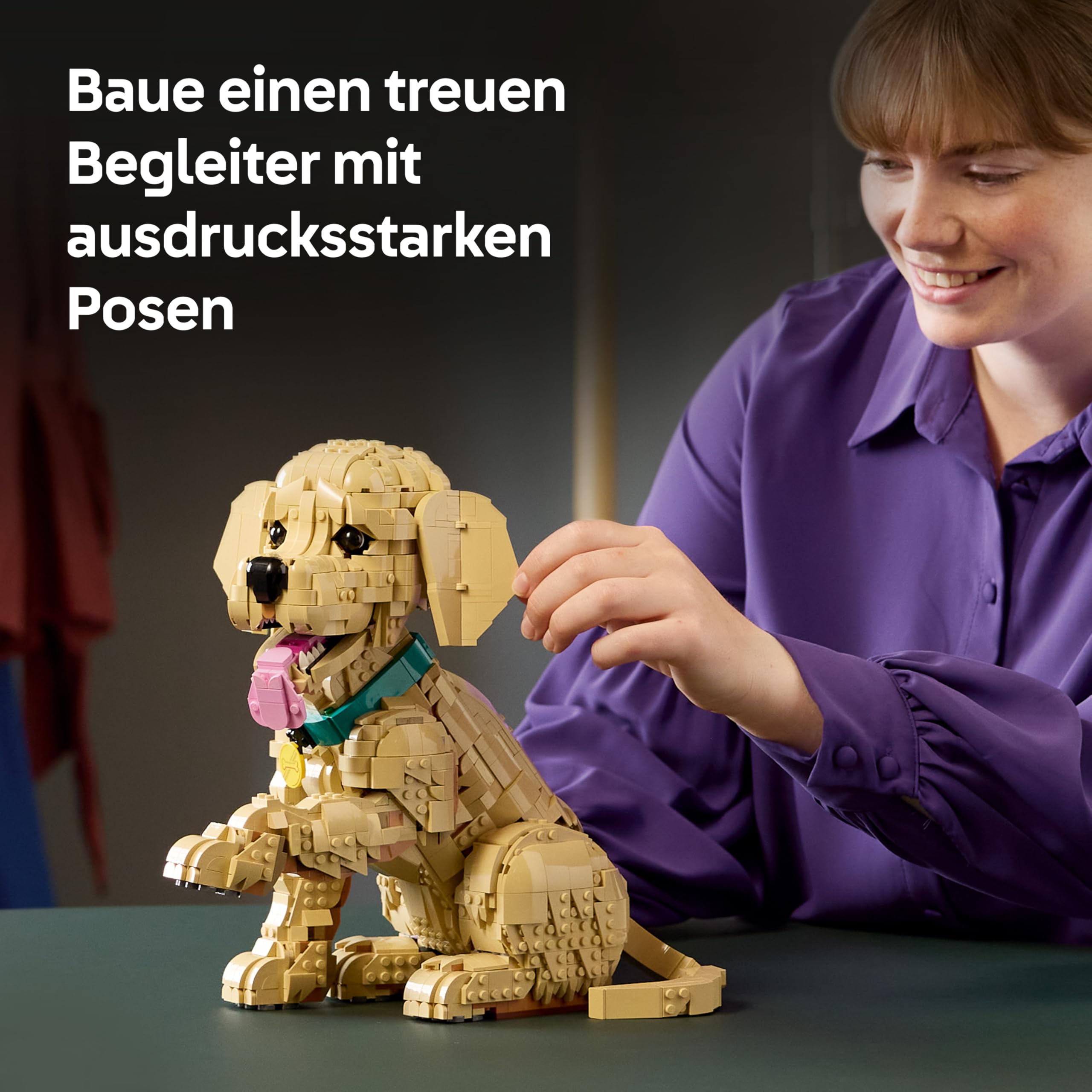 LEGO Icons Golden Retriever Welpe - Modellbau für Erwachsene - 3D Tierfigur zum Ausstellen mit Halsband & Medaille - DIY Deko für Regal oder Schreibtisch - Geschenkidee für Kunst- & Bastelfans - 11384
