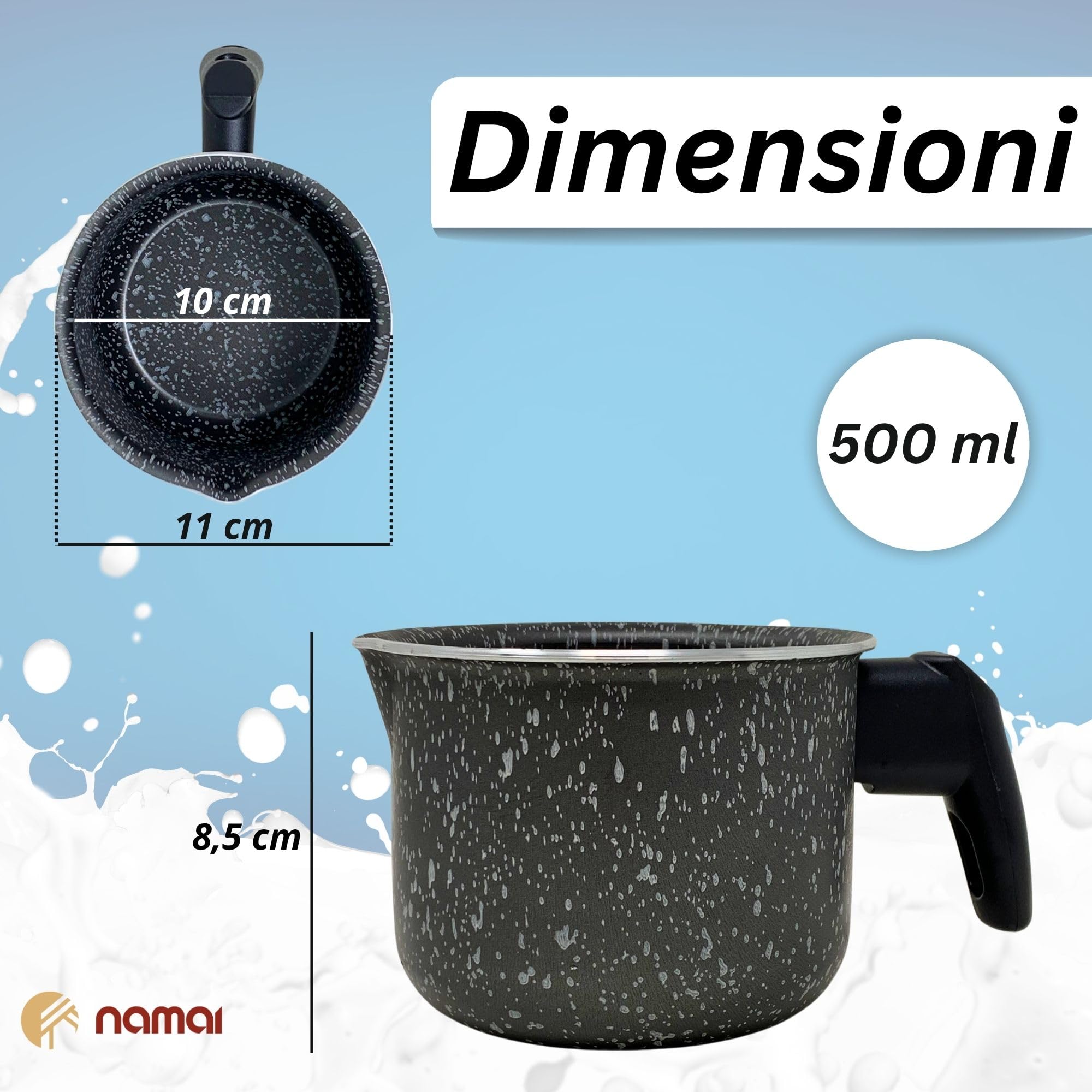 NAMAI - Pentolino Latte, Diametro 10 CM, Alluminio Antiaderente, Manico Ergonomico, Effetto Pietra, Pratico e Resistente, Made In Italy, No Induzione (10 CM)