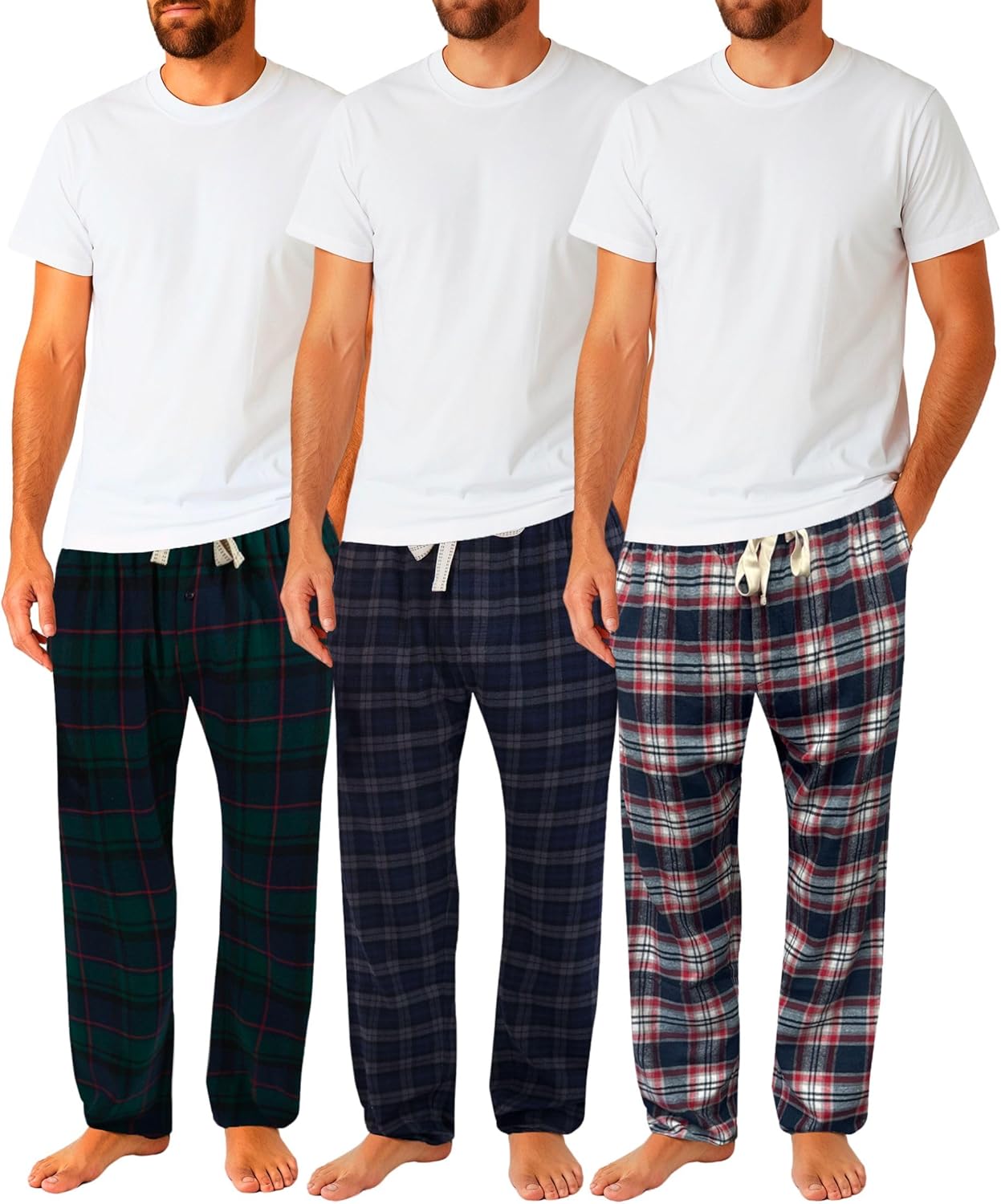 Men’s 3-Pack Flannel Lounge Pants – Soft Pajama Bottoms with Pockets & Drawstring – Warm Comfy Sleepwear