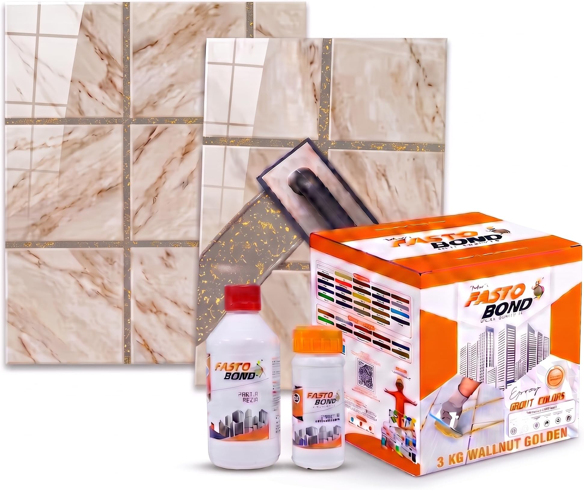 Resin Epoxy Grout - 1 Kg-3 Kg & 5 Kg - Goldan_ Glitter-Sparkle Colors Tile Grout_Fastobond | 3 Components Only | Premixed Glitter For Uniform Finish (3 Kg, Wall Nut Golden), 1 Bucket