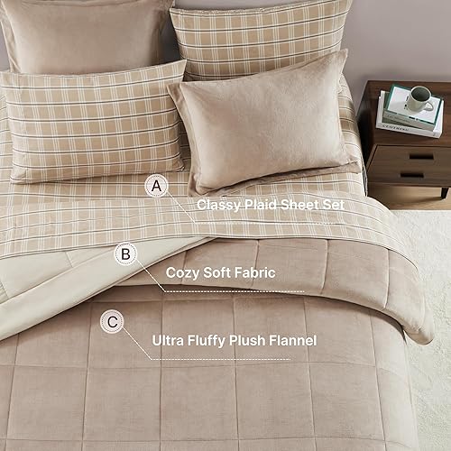 Miniatura 5 de Juego de edredón de felpa tamaño King, color gris pardo claro, juego de edredón de franela de terciopelo de 7 piezas en una bolsa, juego de ropa de