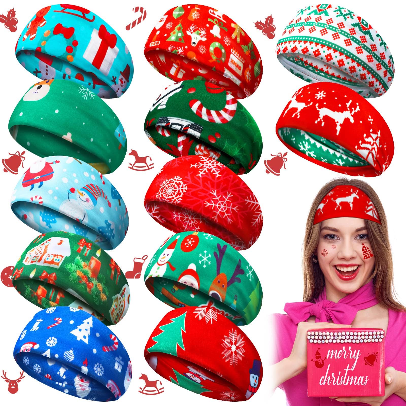 12 Pieces Christmas Twisted Headbands Snowflake Elastic Turban Headband Multi-style Headband Christmas Tree Non Slip Hair Accessories Wide Knot Hair Bands Headwrap for Women Girls (Christmas Pattern)