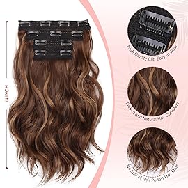 Clip in Hair Extensions - 14 Inch Wavy Synthetic Hair Extensions Clip ins (Color: Chestnut Brown with Light Brown Highlights)