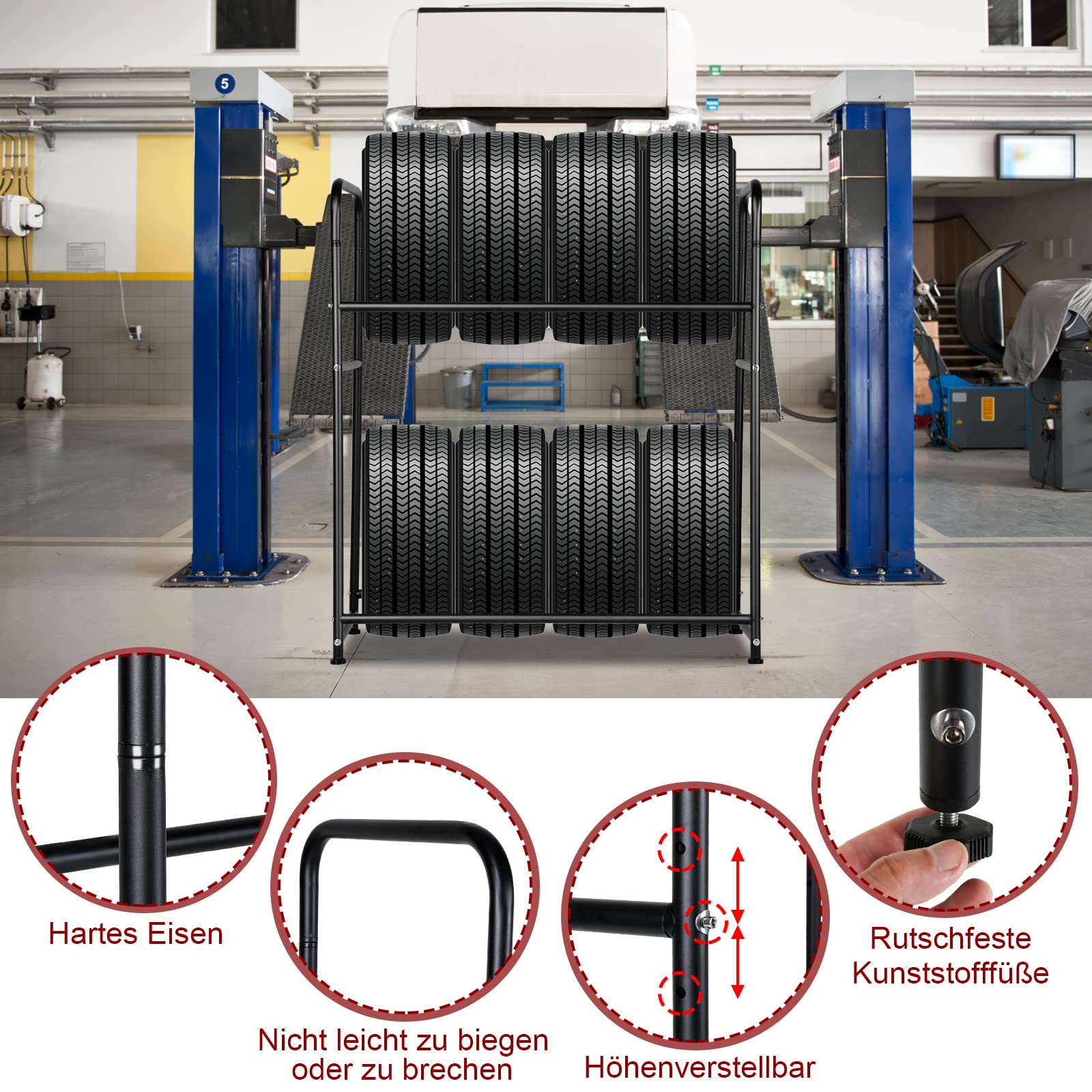 Fiqops Bandenstandaard, bandenrek, 8 banden, 107 x 46 x 117 cm, velgenboom voor autobanden, laadcapaciteit 180 kg, velgenrek met beschermhoes, voor garage, hoogteverstelling, opbergrekken voor banden