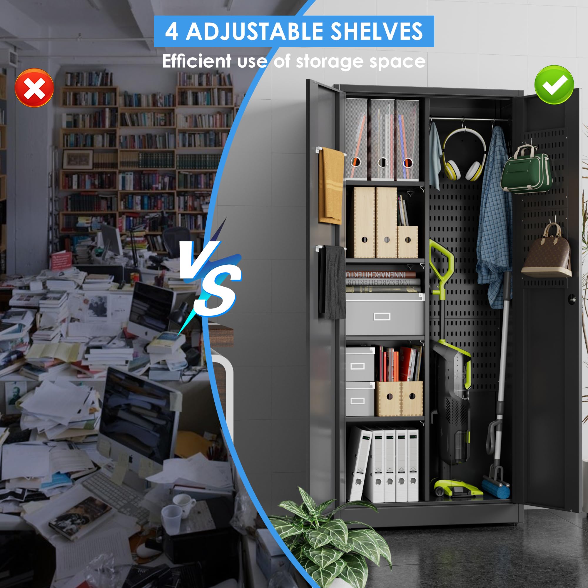 Besenschrank mit Belüftung & Magnetverschluss, Multifunktionalschrank, Stabiler Stahlschrank für Staubsauger, Reinigungsmittel, Kleidung und Haushaltsgegenstände｜70x30x150 cm｜Schwarz