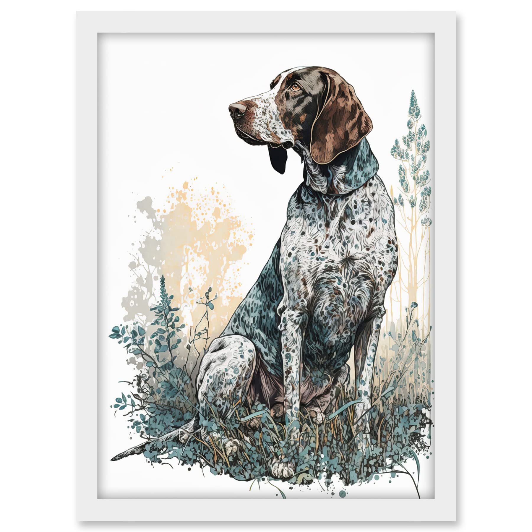 Artery8 German Pointer Dog Sitting in Field Modern Detailed Illustration Artwork Framed A3 Wall Art Print