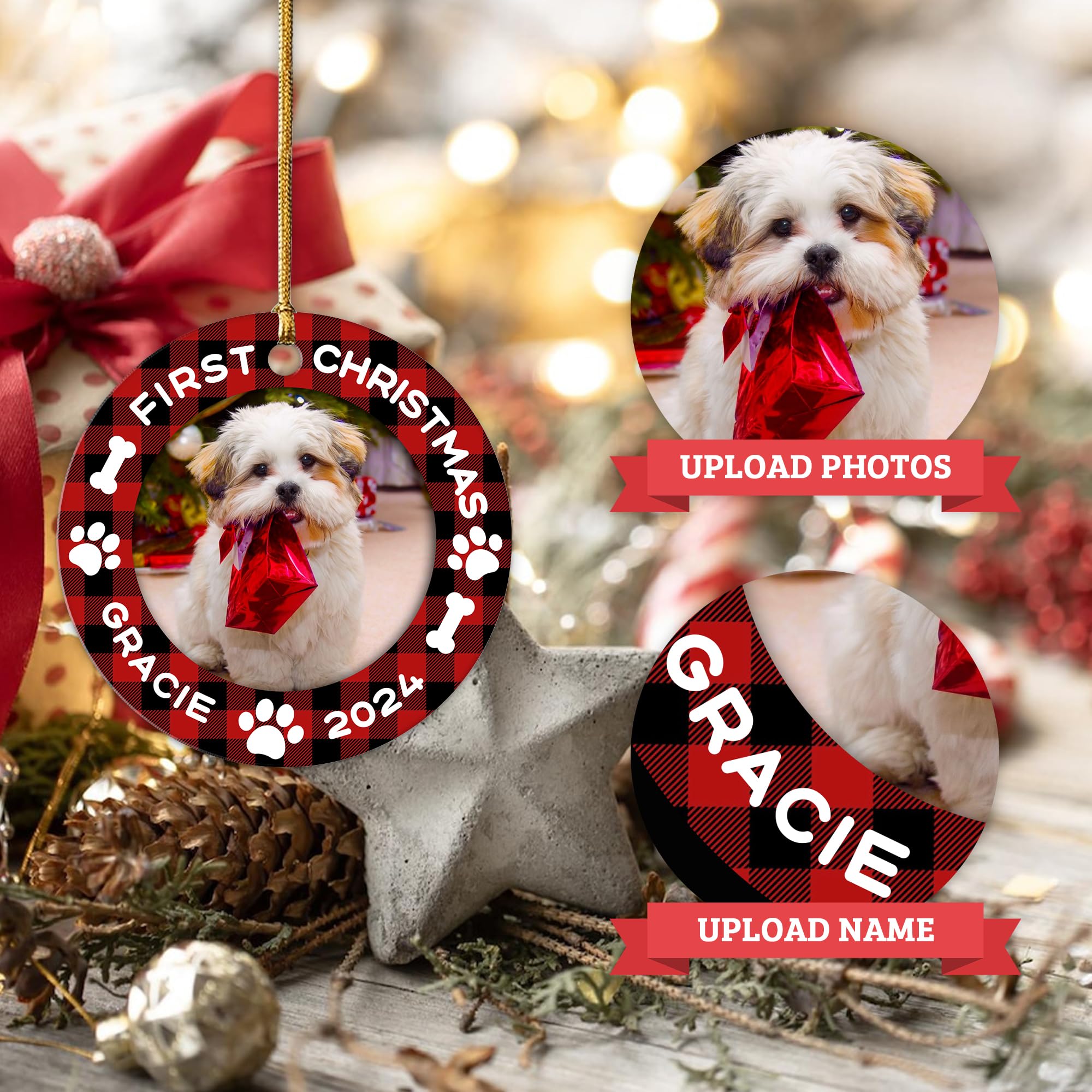 Ecautly Personalized Dog Christmas Ornaments, Custom Photo & Name 2024 Puppy First, Christmas Holiday Gifts for Dog Lovers, Pet Lovers