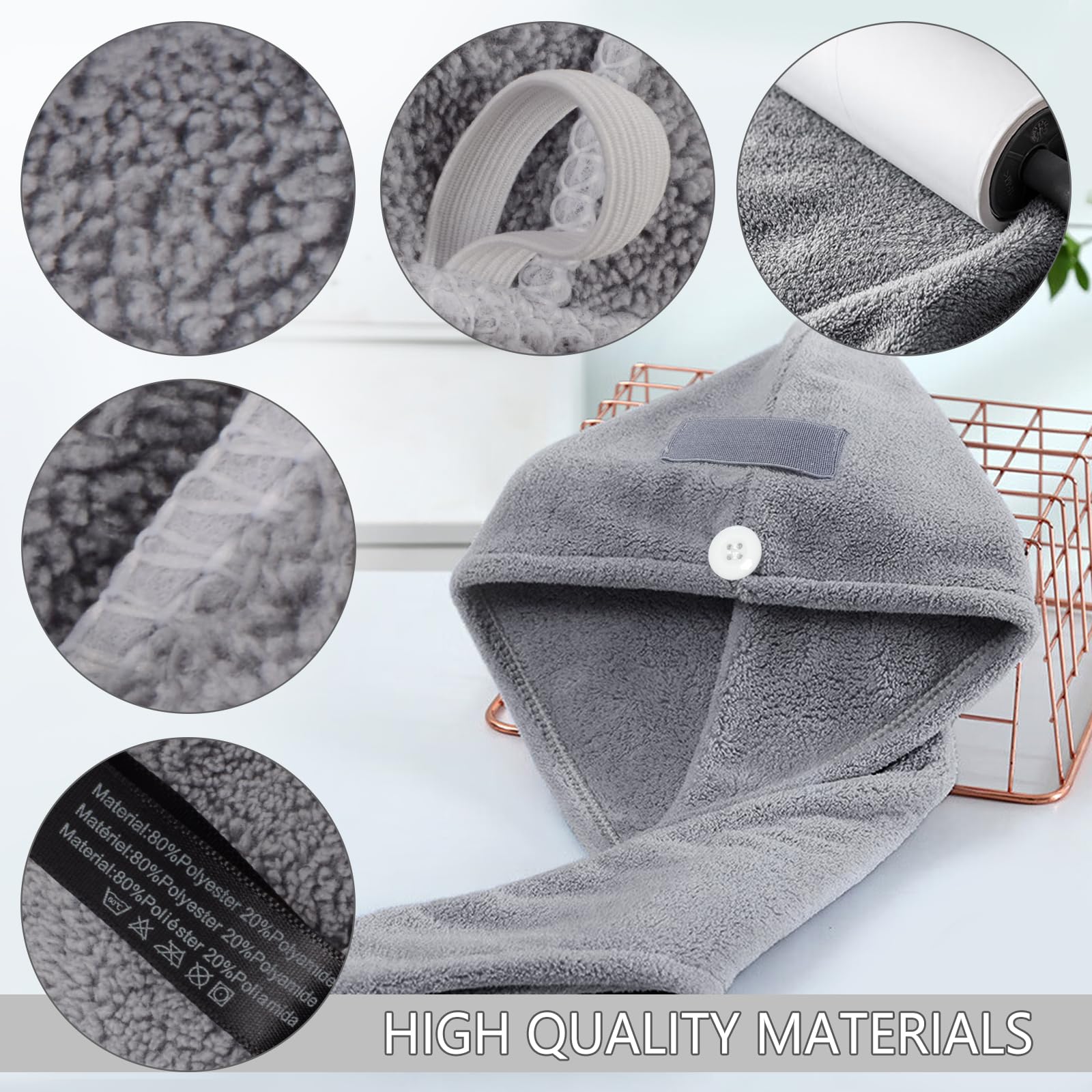 Vivote Anti-Frizz Quick Dry Microfibre Hair Towel Wrap with Button, Super Absorbent for Long Curly Hair 25cm*65cm Grey, 3 Pack - Image 3