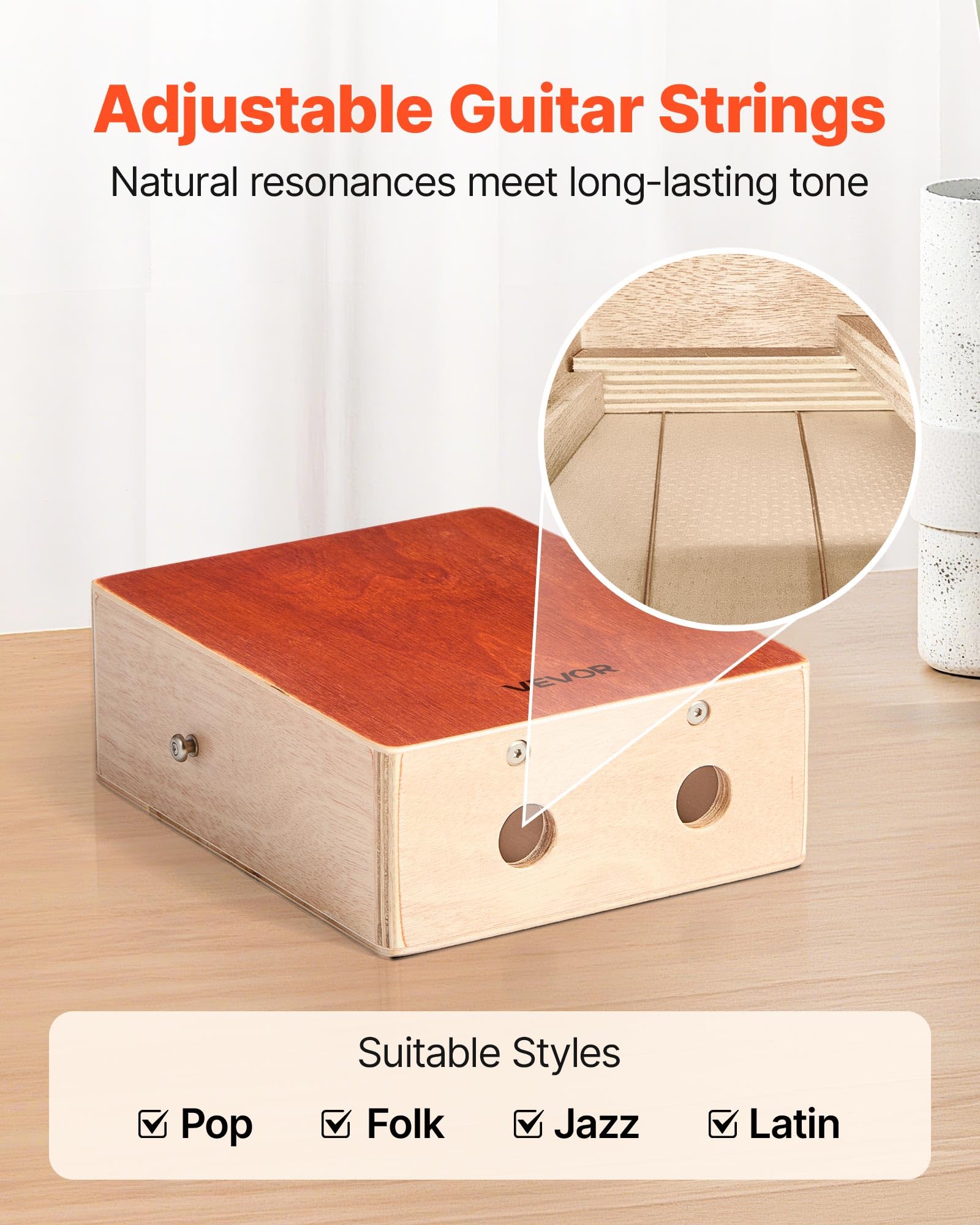 VEVOR Bęben Cajon Box z wewnętrznymi strunami gitarowymi, lekkie, drewniane pudełko perkusyjne, przenośny instrument perkusyjny z torbą podróżną, regulowany pasek, dla początkujących i