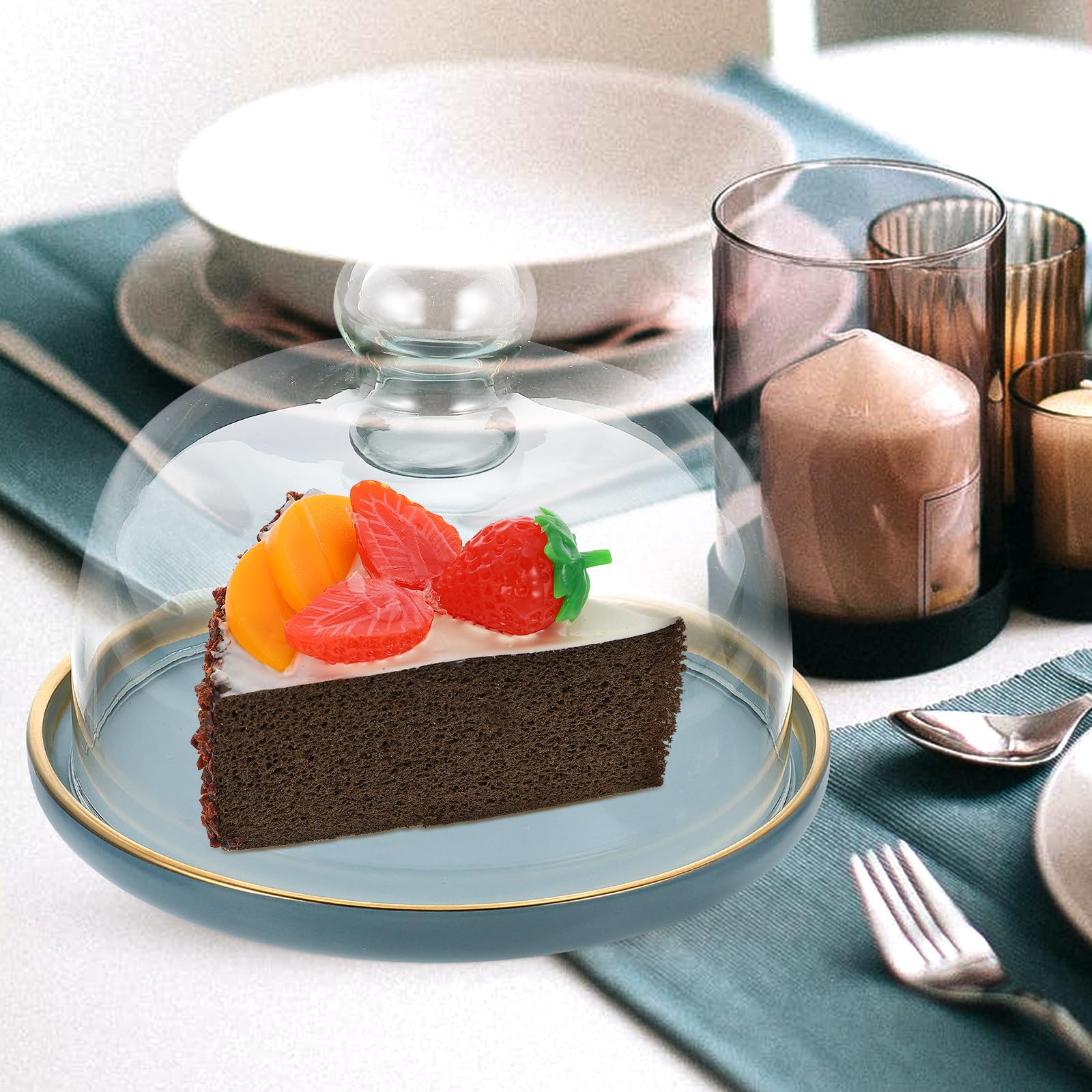 Zerodeko Cúpula de Vidrio para Tartas con Bandeja Redonda Azul, Tapa Protectora para Mantener Frescura en Fiestas y Bodas, Adecuado para Servir Postres y Aperitivos