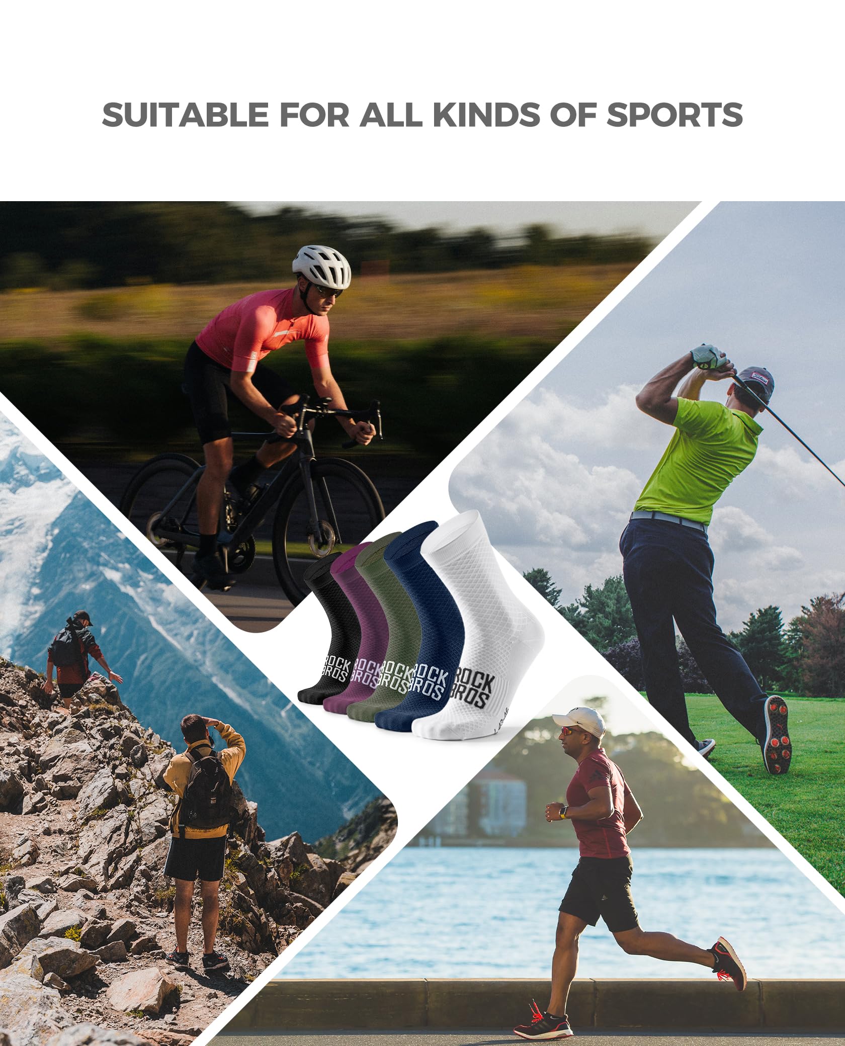 ROCKBROS Road to Sky Fahrradsocken, Sportsocken Atmungsaktive Baumwolle, Lange Laufsocken Herren Damen, Rutschfeste Socken für Rennrad Mountainbike Mehrfarbig S-L