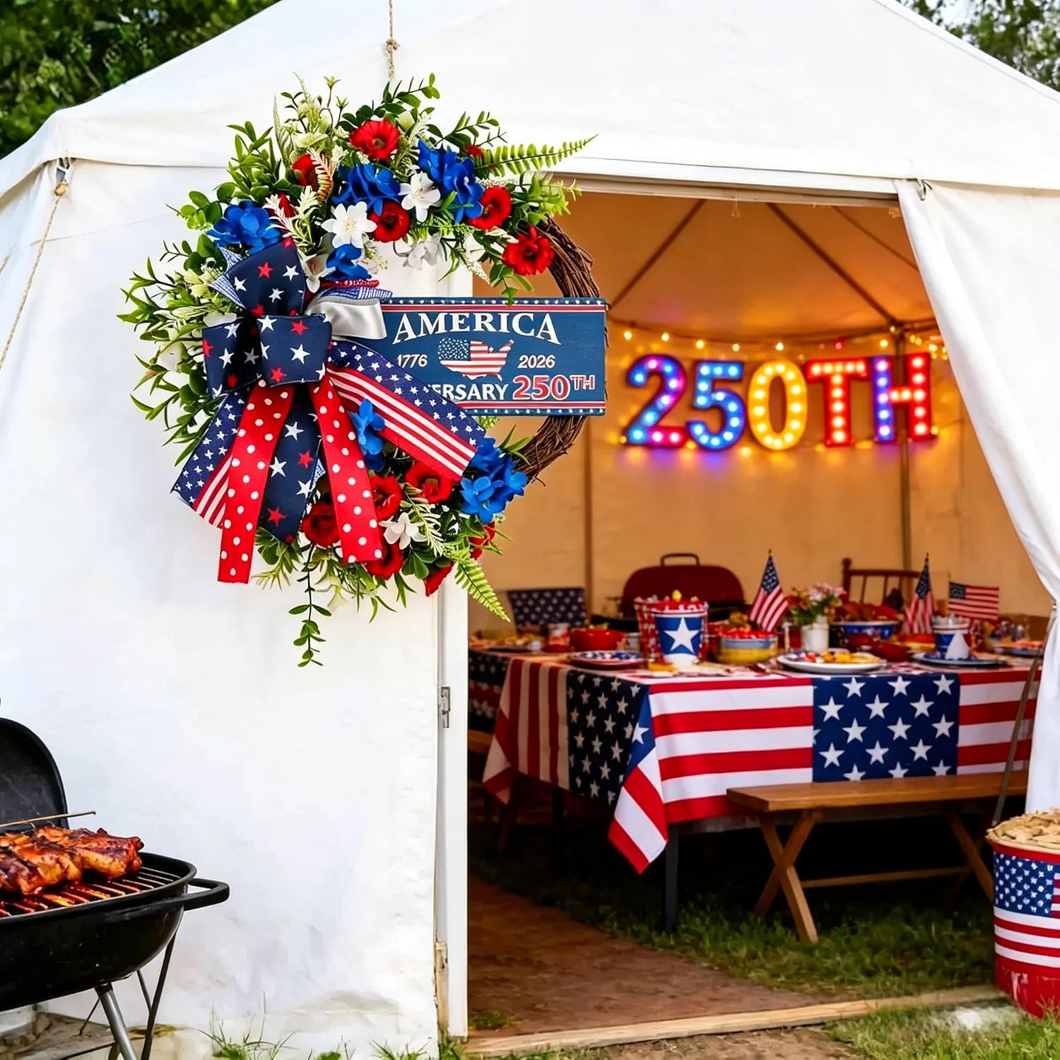 2PCS Patriotic Wreath for Front Door Red White Blue Flowers Outdoor 250th Anniversary 4th of July American Flag Bow Wreath for Memorial Day Independence Day Inside Outside Home Decor