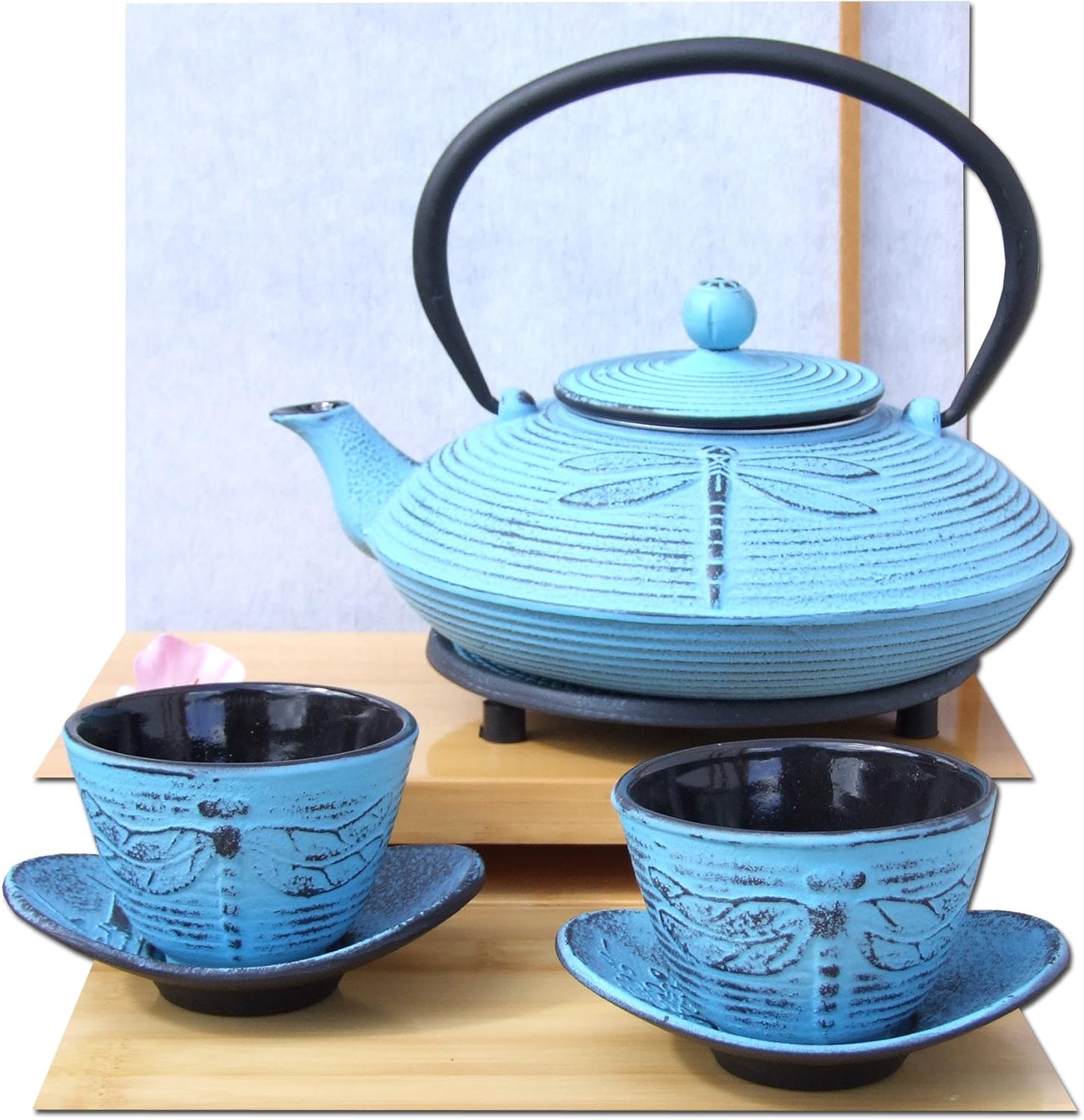 Cast Iron Blue Dragonfly Tea set B Tetsubin teapot kettle, trivet