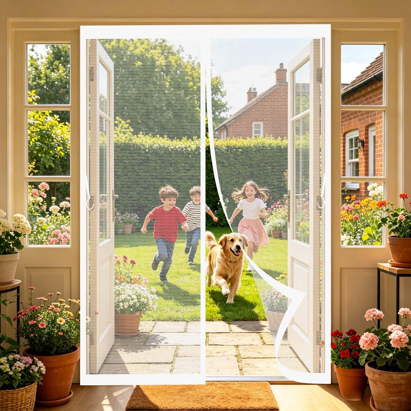 Guoyfen White Magnetic Screen Door 132 X 189 Cm No Drill Installation, Powerful Magnets, Full Frame Magic Tape Door Fly Screen Curtain With Magnetic Mesh Mosquito Net For Patio Balcony,