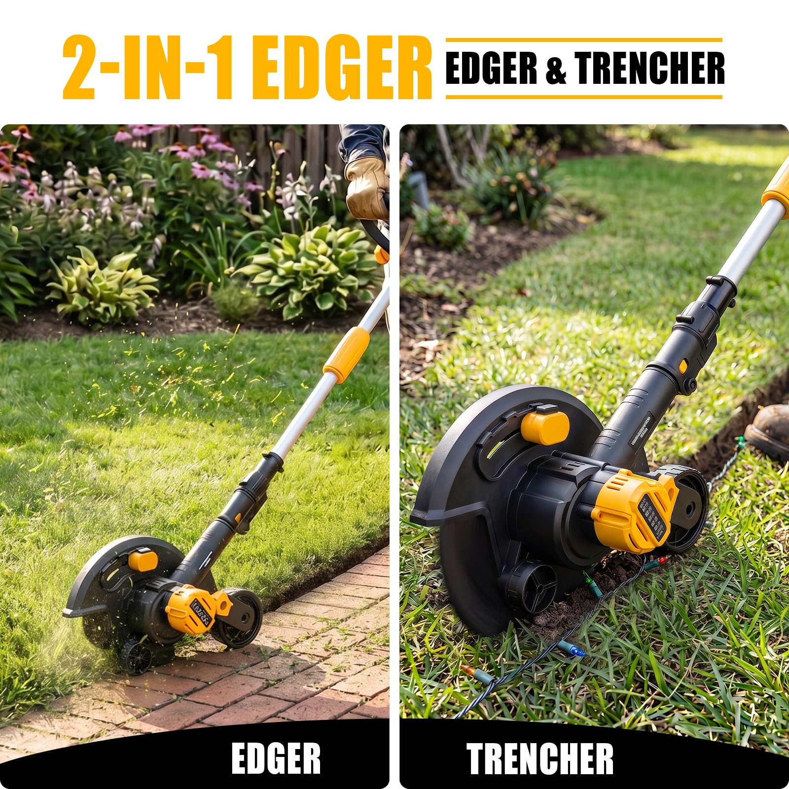 Houselife Bordeadora de césped inalámbrica compatible con batería DeWalt de 20 V máx. (solo herramienta), herramienta de zanjadora eléctrica de 9 pulgadas con ruedas dobles, 4 profundidades ajustables