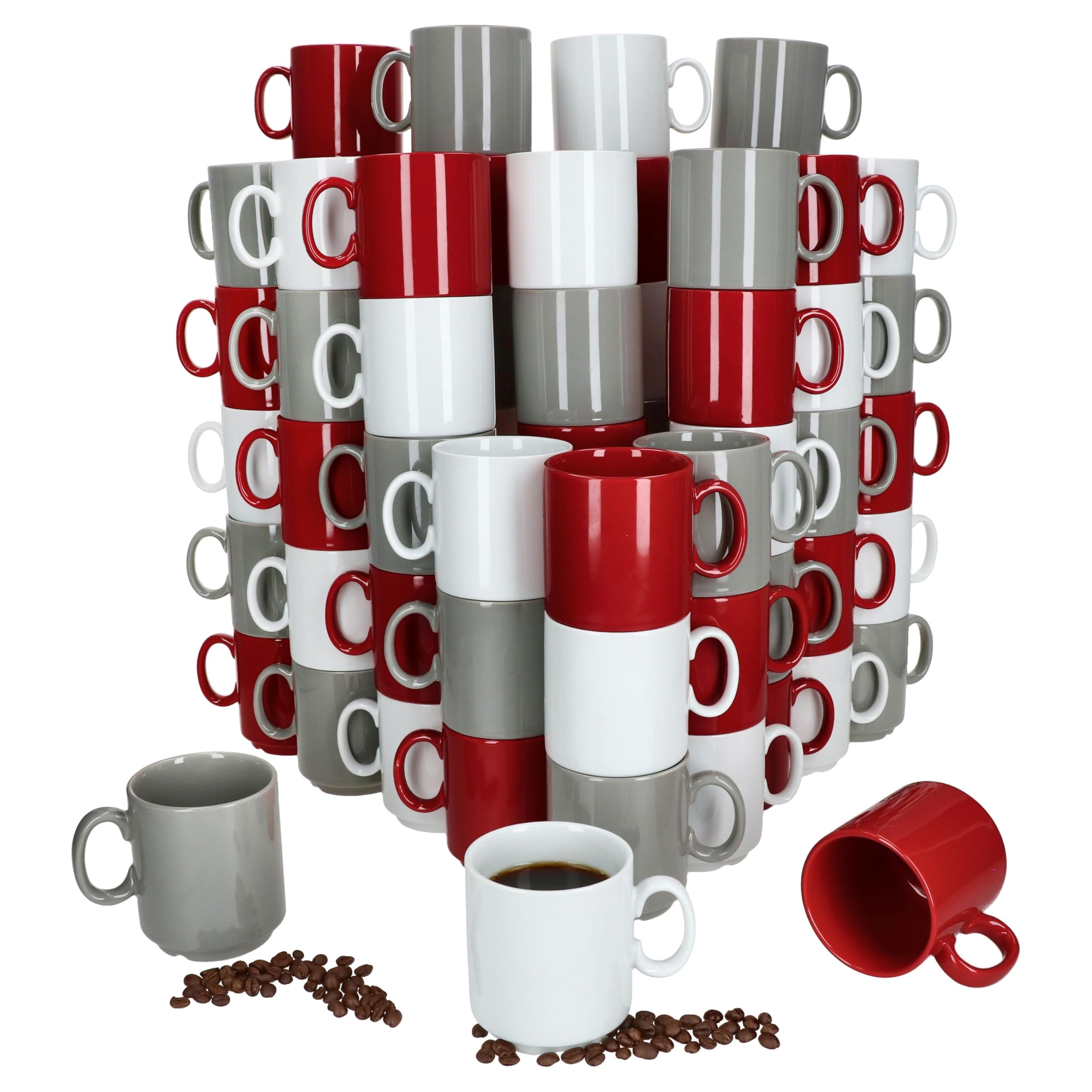 MamboCat Event Trio 72er Set Kaffeebecher I 250 ml I graue, rote & weiße Porzellan-Becher mit Henkel I 72 Personen I stapelbare Tassen für Tee, Kakao, Latte Macchiato & Co I Kaffee-Geschirr