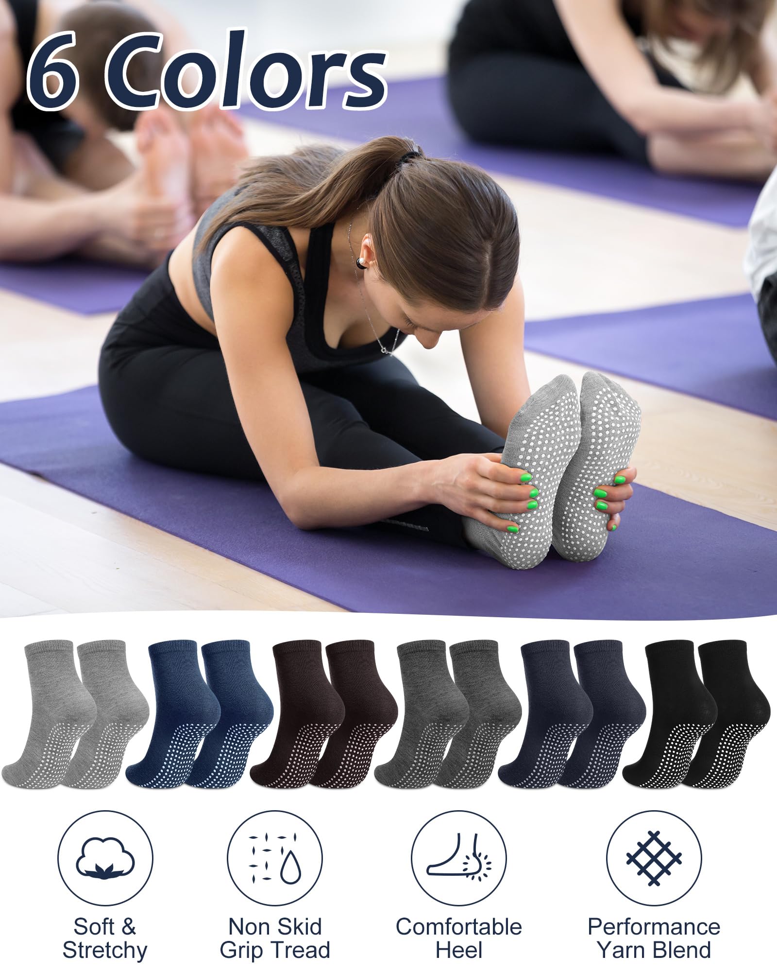 Jiuguva 36 Pairs Non Slip Yoga Socks with Grips Skid Proof Socks for Men Women Pilates Barre 6 Colors