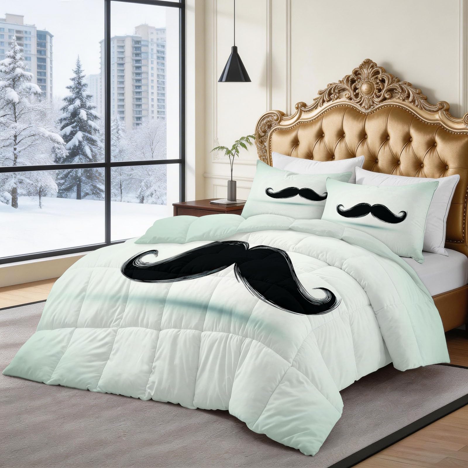 Piumone Invernale 140 x 200 cm Disegno Per Bambini Motivo A Baffi Trapunta in Ecopiuma 400 gr/mq, Caldo ed Elegante – Biancheria da Letto Anallergica e Traspirante – Set 3 Pezzi, Verde Pallido