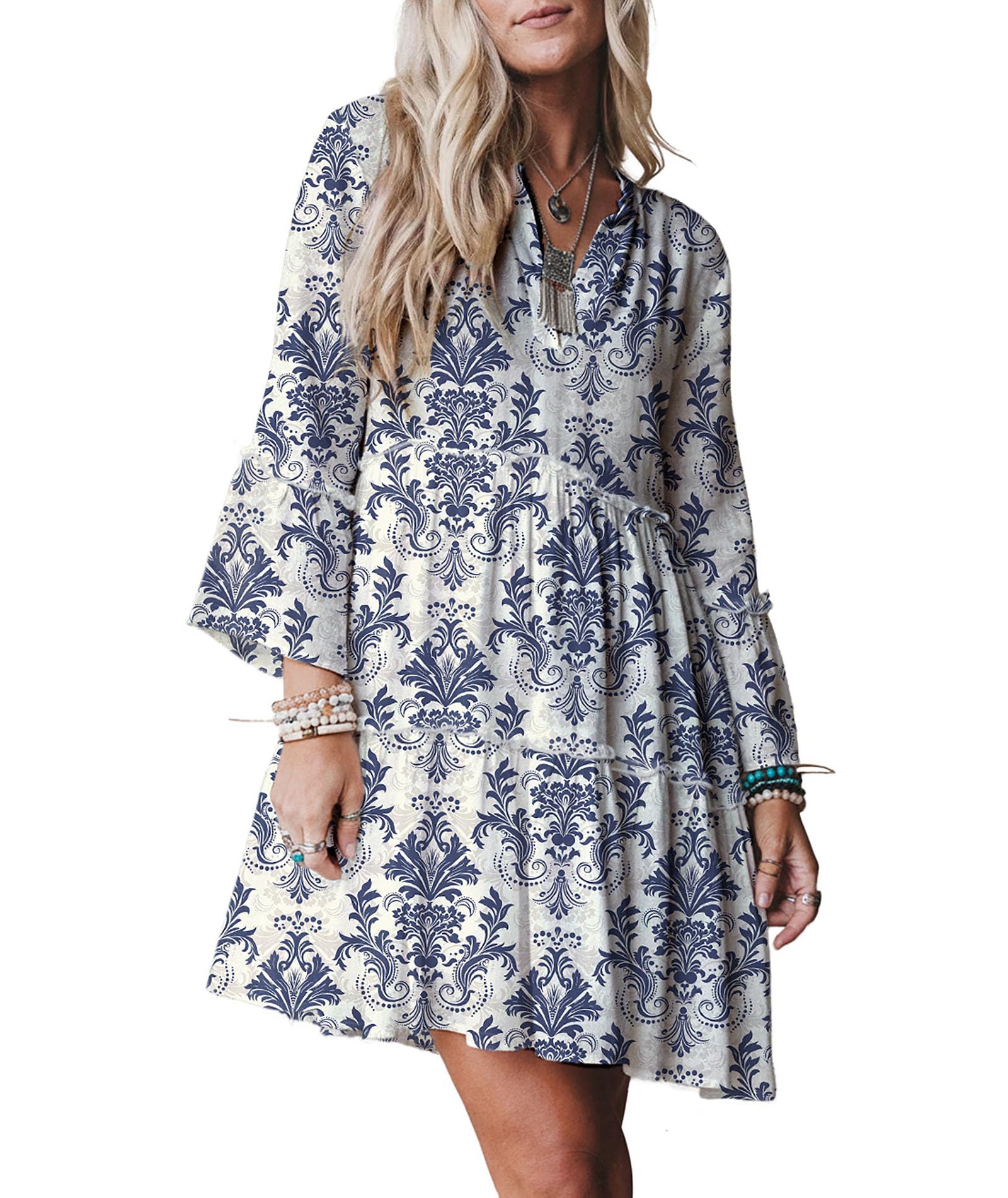 Opemiby Summer Dresses for Women 2026 Flowy Ruffle 3/4 Sleeve V Neck Tiered Casual Babydoll Boho Beach Mini Dress