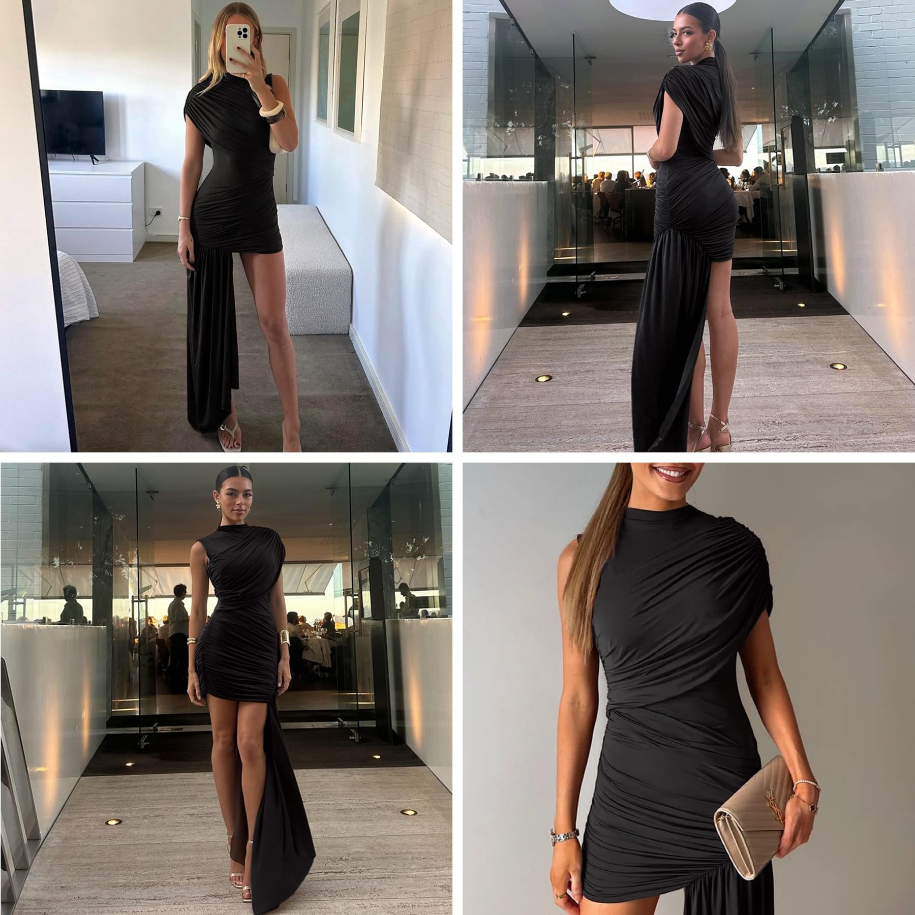 JUMISEE Women’s Elegant Irregular Ruched Mini Dress Flowy Ribbon Bodycon Cocktail Dress Sexy Pleated Formal Dresses