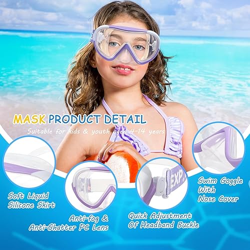 Miniatura 3 de Máscara de natación para niños, gafas de natación para niños de 180 antivaho, a prueba de fugas, con cubierta de nariz y correa de tela para edades