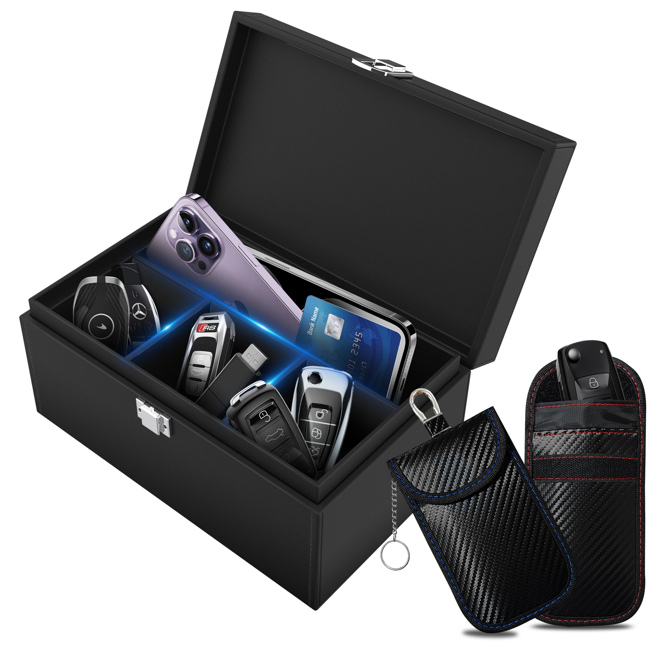 ocuvaep Keyless Go Schutz Autoschlüssel Box & 2 Faraday Bags, Faraday Box Strahlenschutz, RFID Signal Blocking Box, Keyless Go Schutz von Handy, Kreditkarte und Autoschlüssel (Groß)