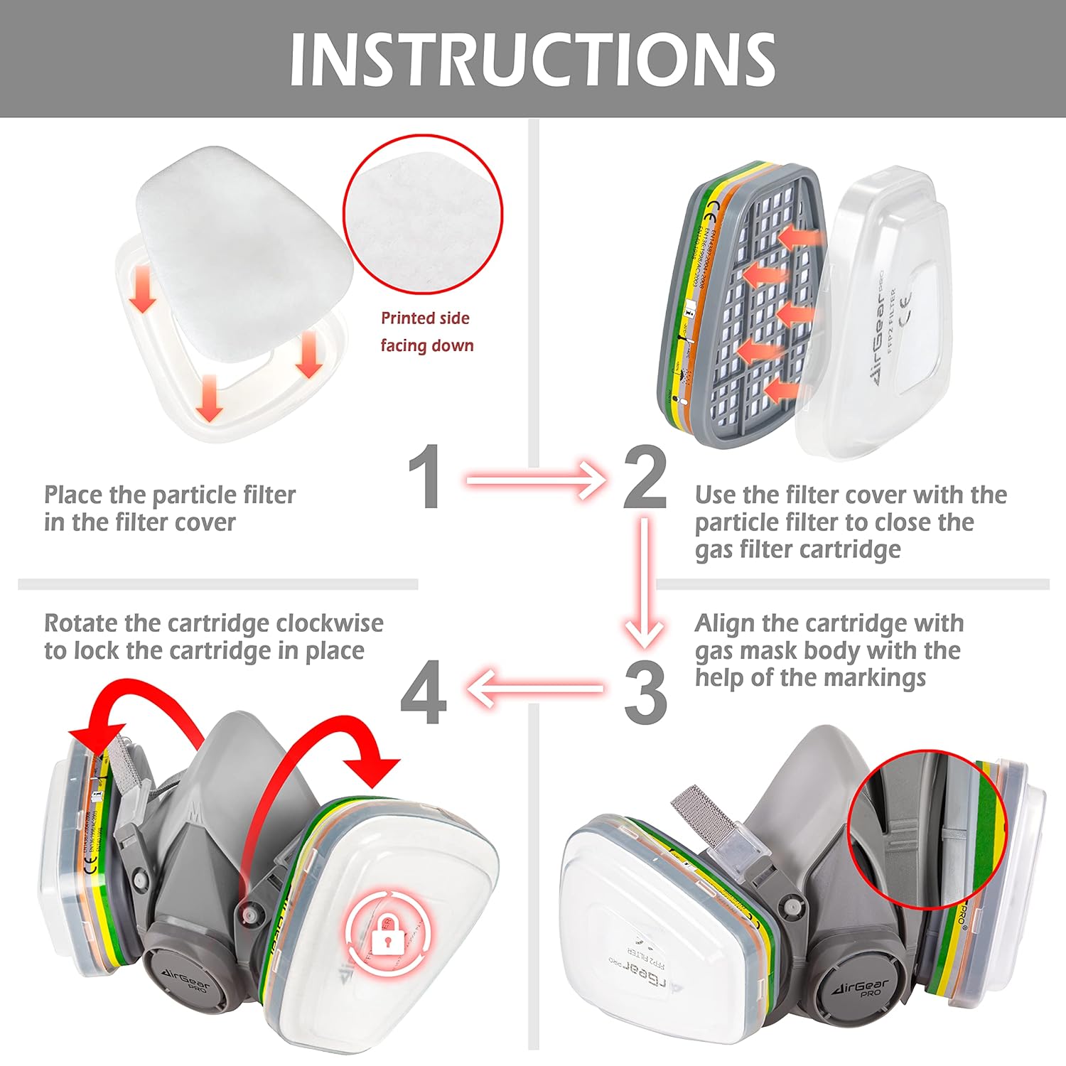 AirGearPro F-500 Multi Gas Cartridge, Carbon Filters for Reusable Respirator Gas mask G-500/M-500/G-750, Anti Dust, Anti Gas for Chemical, Industrial, Painting, DIY, Sanding Work