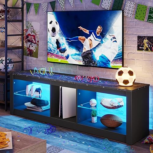 Miniatura 7 de Bestier soporte RGB para televisión de más de 65 pulgadas, centro de entretenimiento para videojuegos, consola LED con 2 estantes de vidrio, para