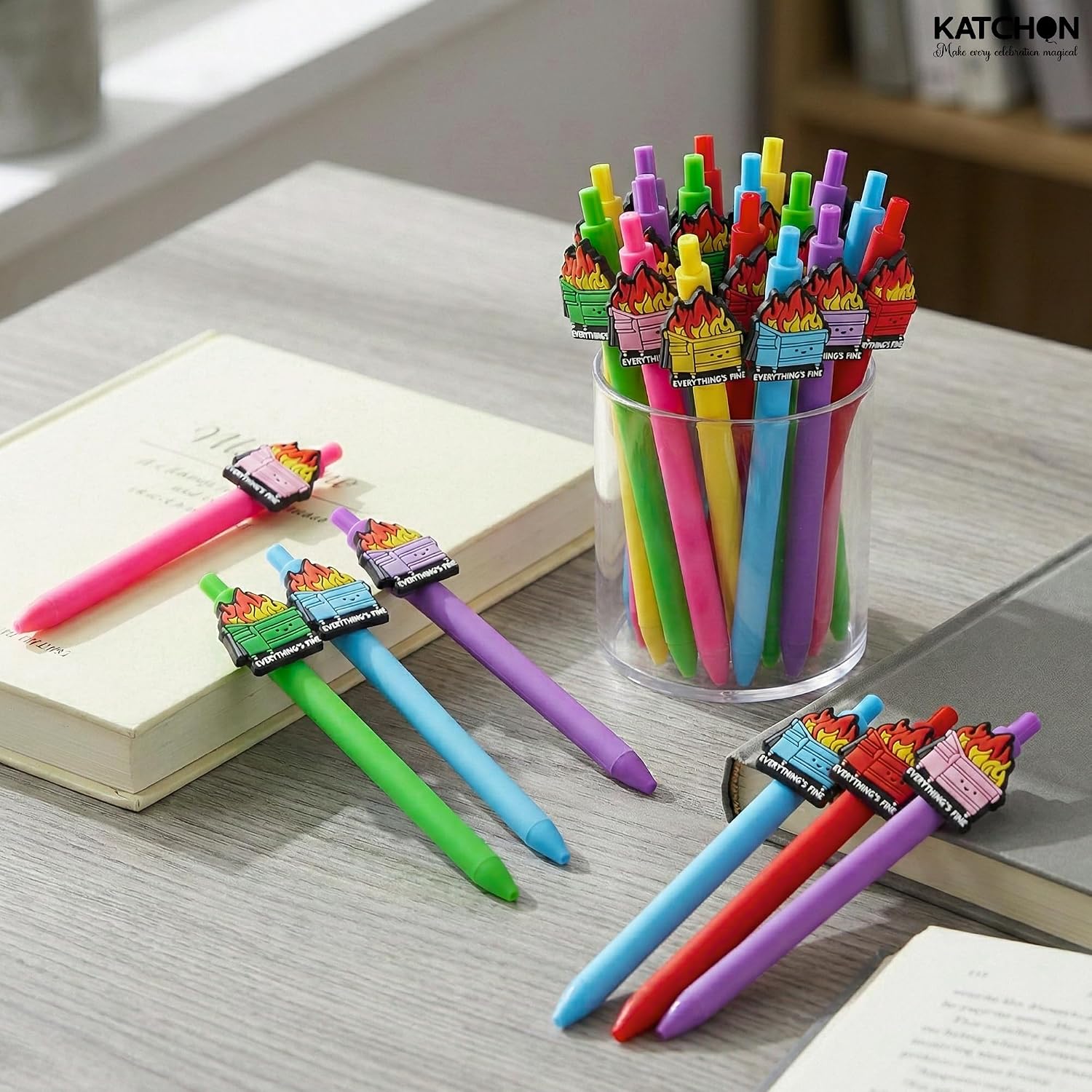 KatchOn, 24PCS Dumpster Fire Pen Gifts for Coworker Positive Funny Office Ballpoint Pens Dumpster Fire Desk Accessories Support Gifts for Social Worker Team Coworker Teachers Nurse Office Supplies
