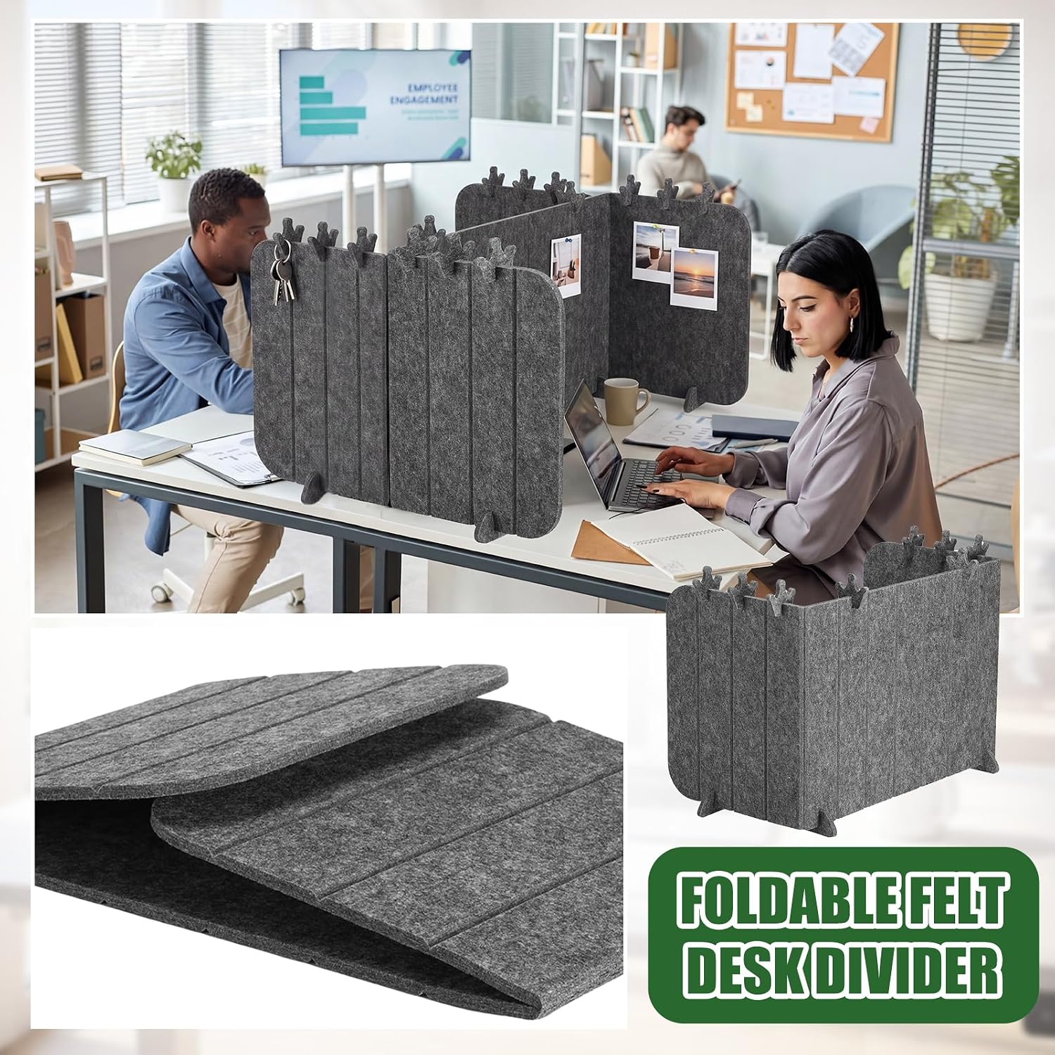 Foldable Felt Desk Privacy Panel 16 x 48 Inches, Acoustic Partition, Noise Reducing Desk Divider, Privacy Table Screen with 4 Bases & 8 Mini Crown Clips for Open Workspace Office Home
