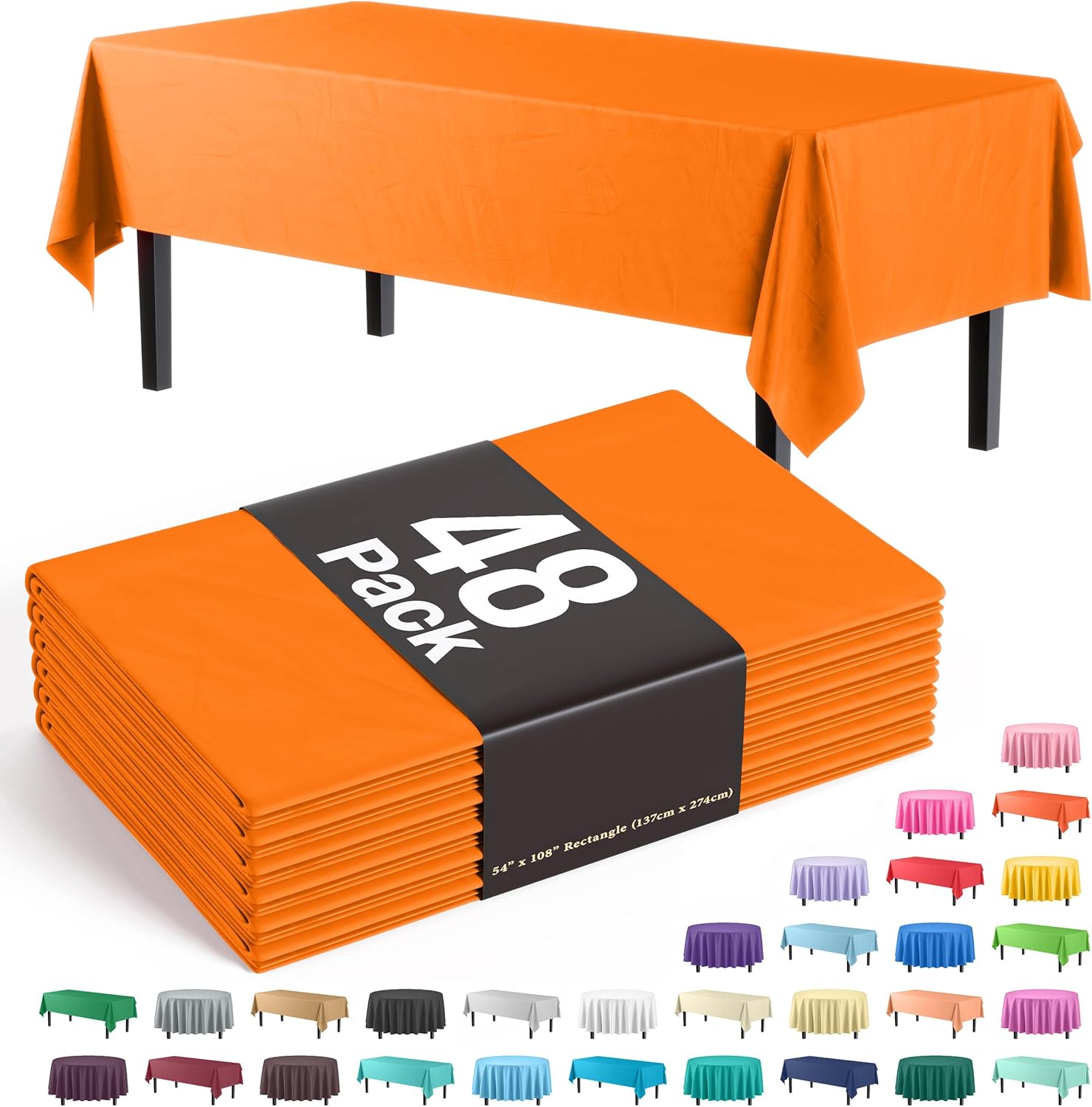 Party Solids Orange Tablecloths for Rectangle Tables 48 Pack Plastic Table Cloth Disposable 54" X 108" Orange Table Cloths Rectangle Tablecloth Plastic Tablecloths Rectangular for Party Supplies