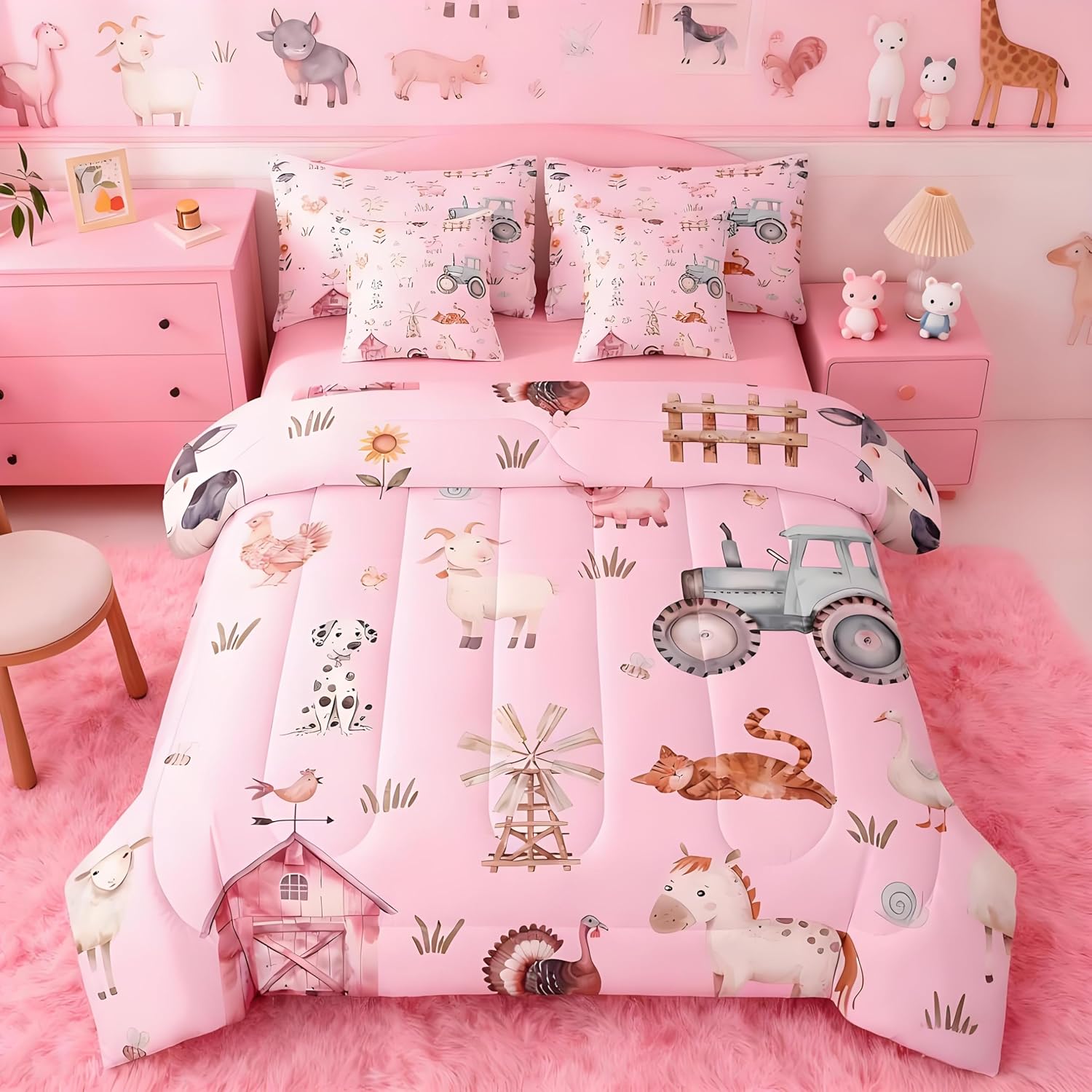 Feelyou Farm Animal 7 Piece Bedding Set Full Size Kids Cartoon Animals Sheep Dog Pig Print Comforter Set with Sheets for Boys Girls Cute Tractor Bed in a Bag Pink Country Theme Room Decor