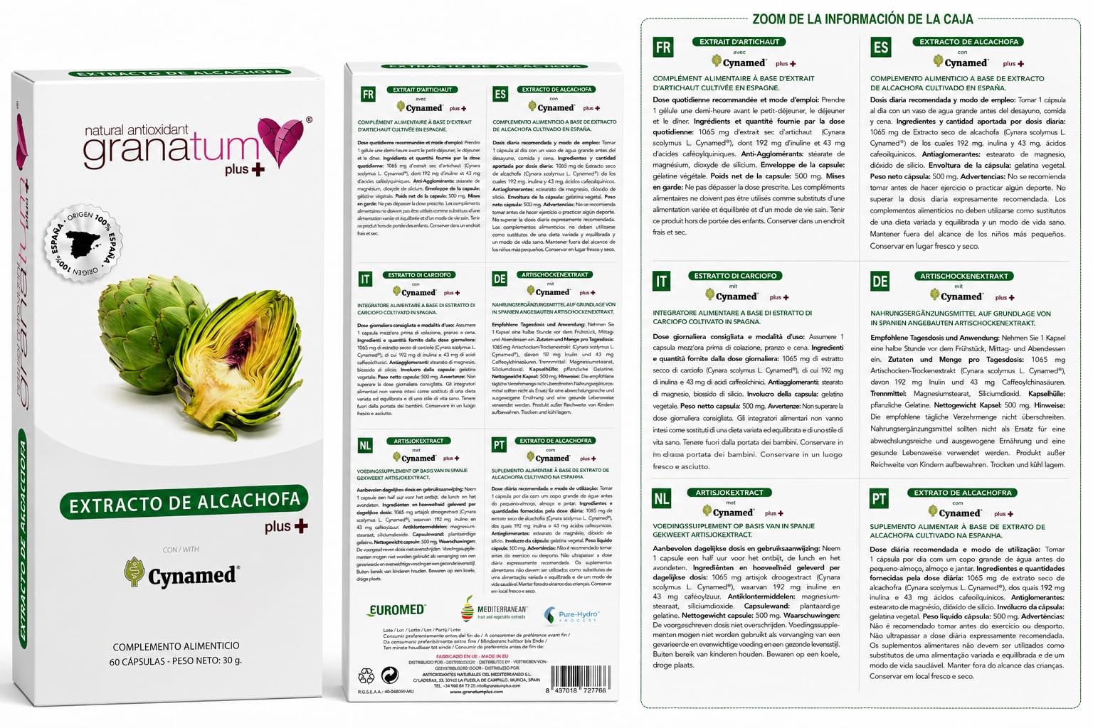 Granatum Plus - Extracto de Alcachofa con Cynamed - Suplemento Alimenticio - Detox Hepático y Digestivo - Bienestar Metabólico - Diurético Natural - Producido en España - 3 Caja 60 Cápsulas