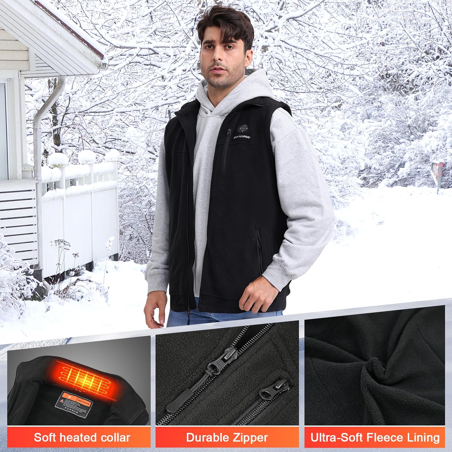 SNOW LEOPARD Men's Heated Vest, Black, Modern, Polyester, Fall/Winter, Outerwear Vests - Image 8