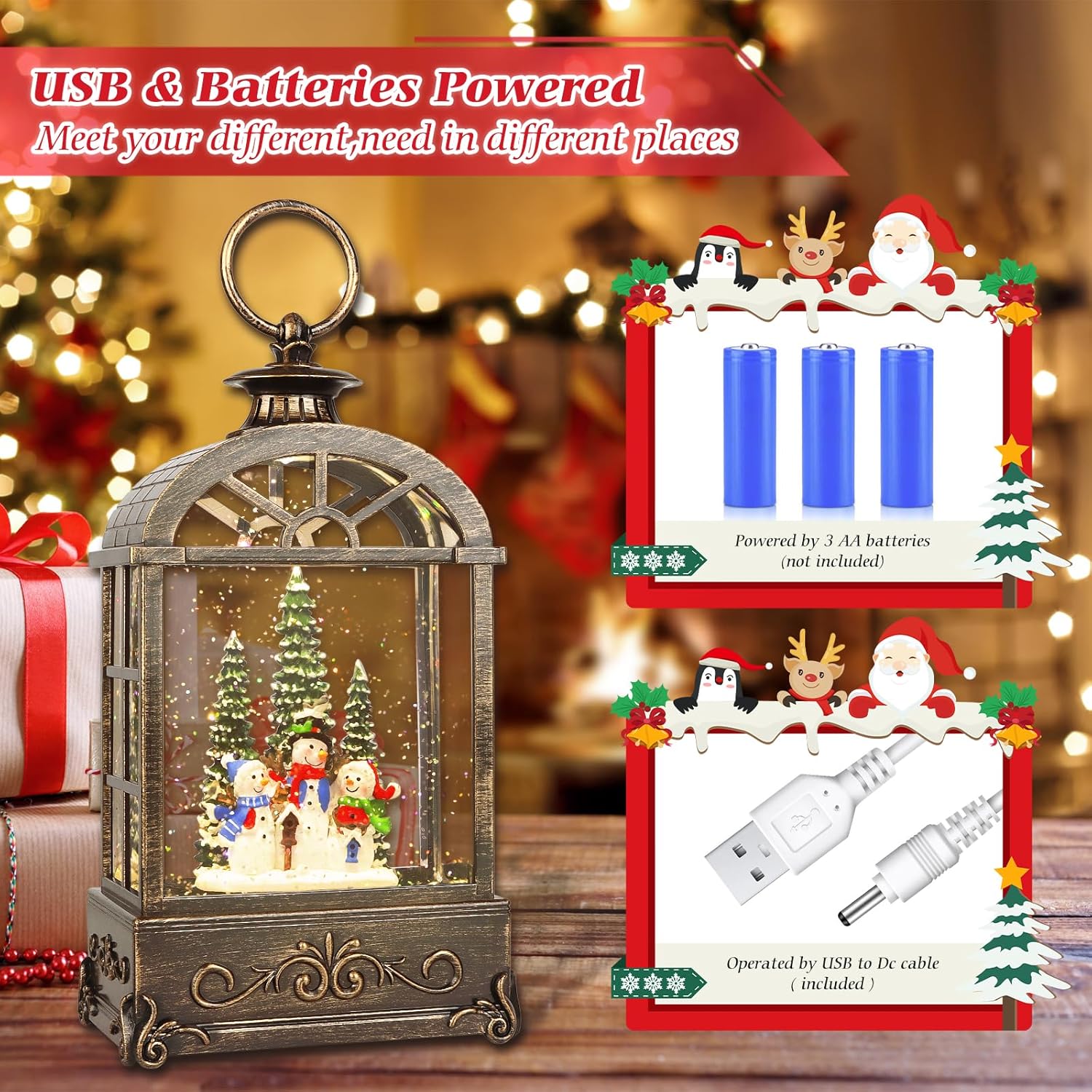Christmas Snow Globe Lantern,Christmas Decorations Indoor for Home,with 6 Hour Timer Musical Snow Globes,Battery Or USB Powered Swirling Glitter Lantern Christmas Decor Gifts,Snowman Family - Image 2
