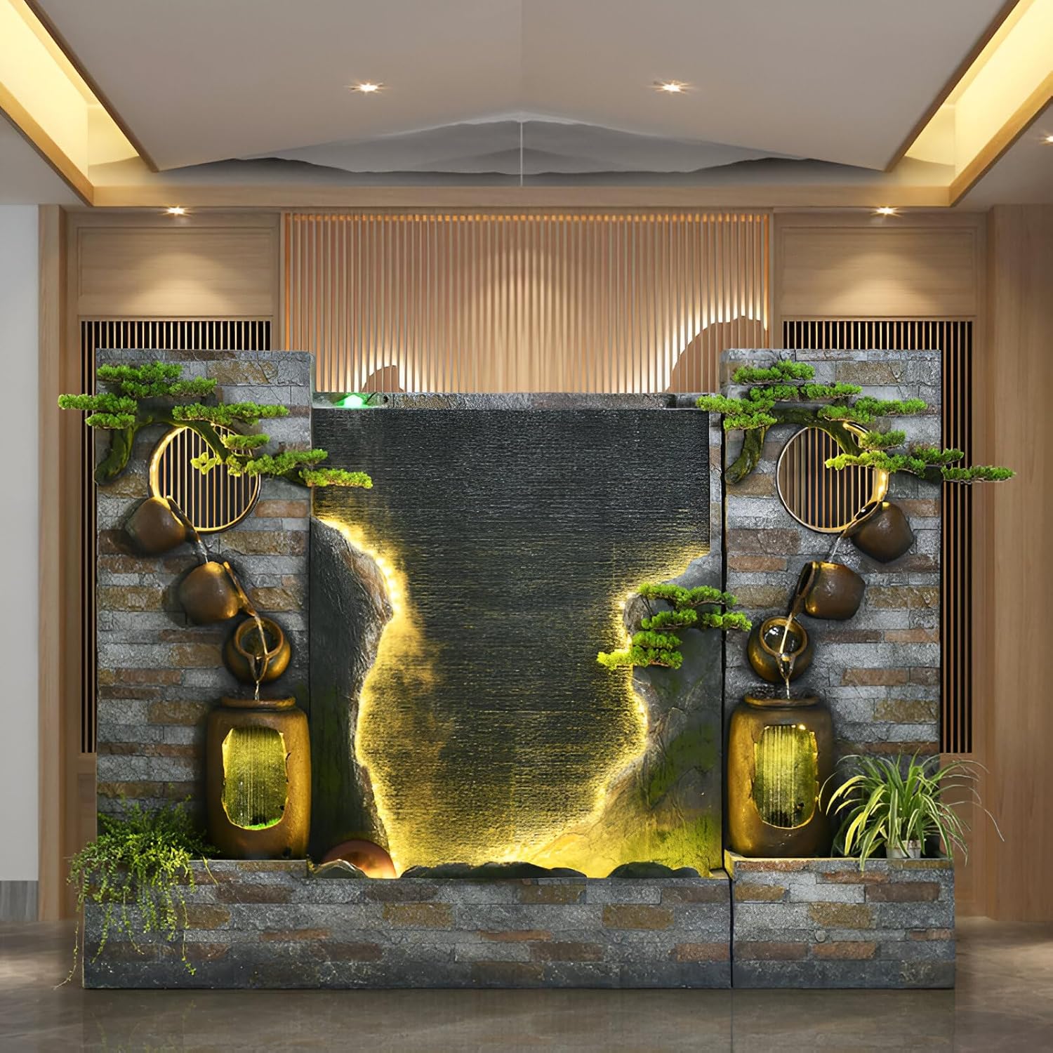 Floor-Standing Water Curtain Wall Rockery Fountain, Suitable for Indoor, Outdoor, Garden, Clubhouse, Courtyard Decorative Screen partition Landscaping Housewarming Opening Gift (Style All)