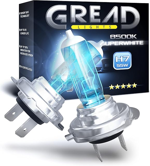 Gread Żarówki halogenowe H7, 2 sztuki, wyjątkowo białe 8500 K, 55 W znak kontrolny E, o wyglądzie ksenonów