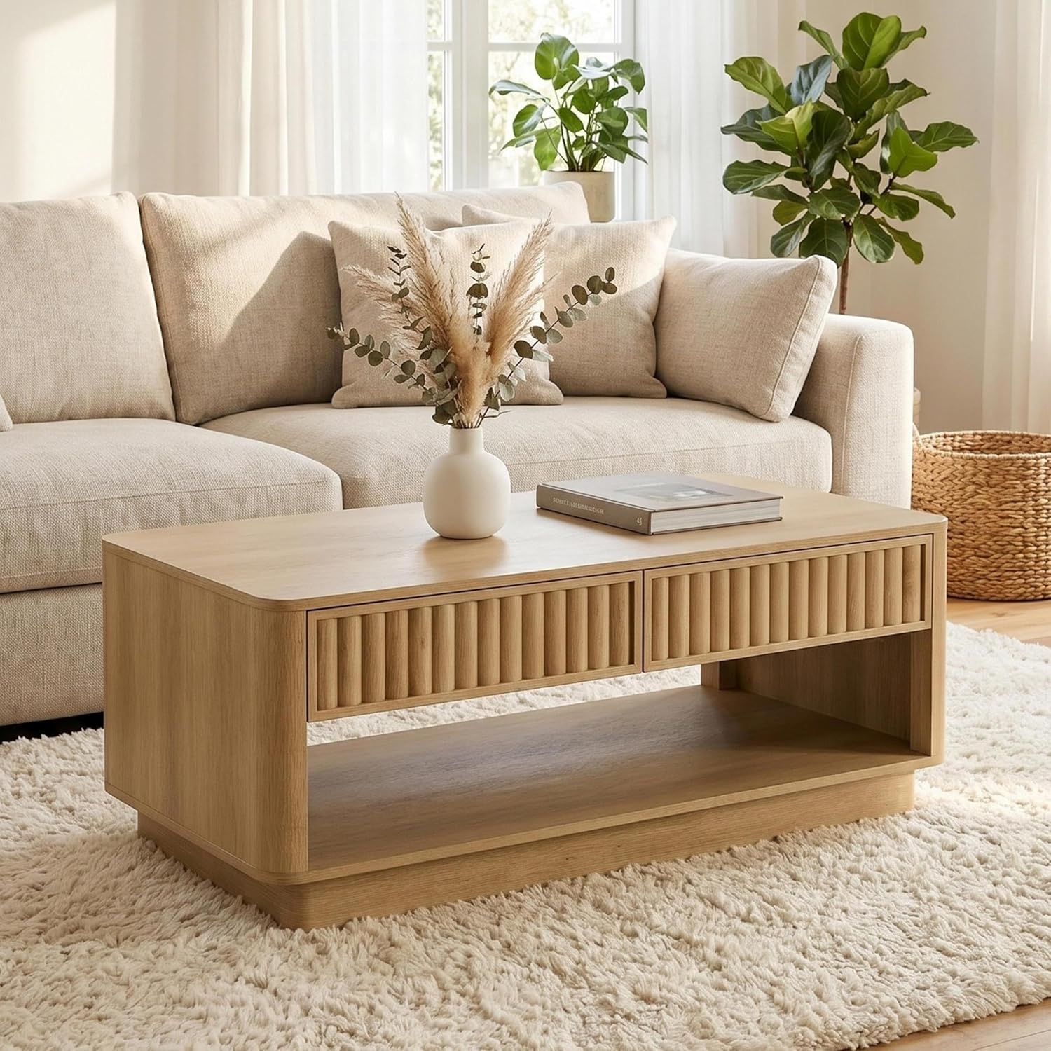 40" Coffee Table with Storage, Modern Fluted Coffee Table with Drawers and Open Shelf, Wood Rectangular Center Table for Living Room, Tea Table for Small Space, Natural
