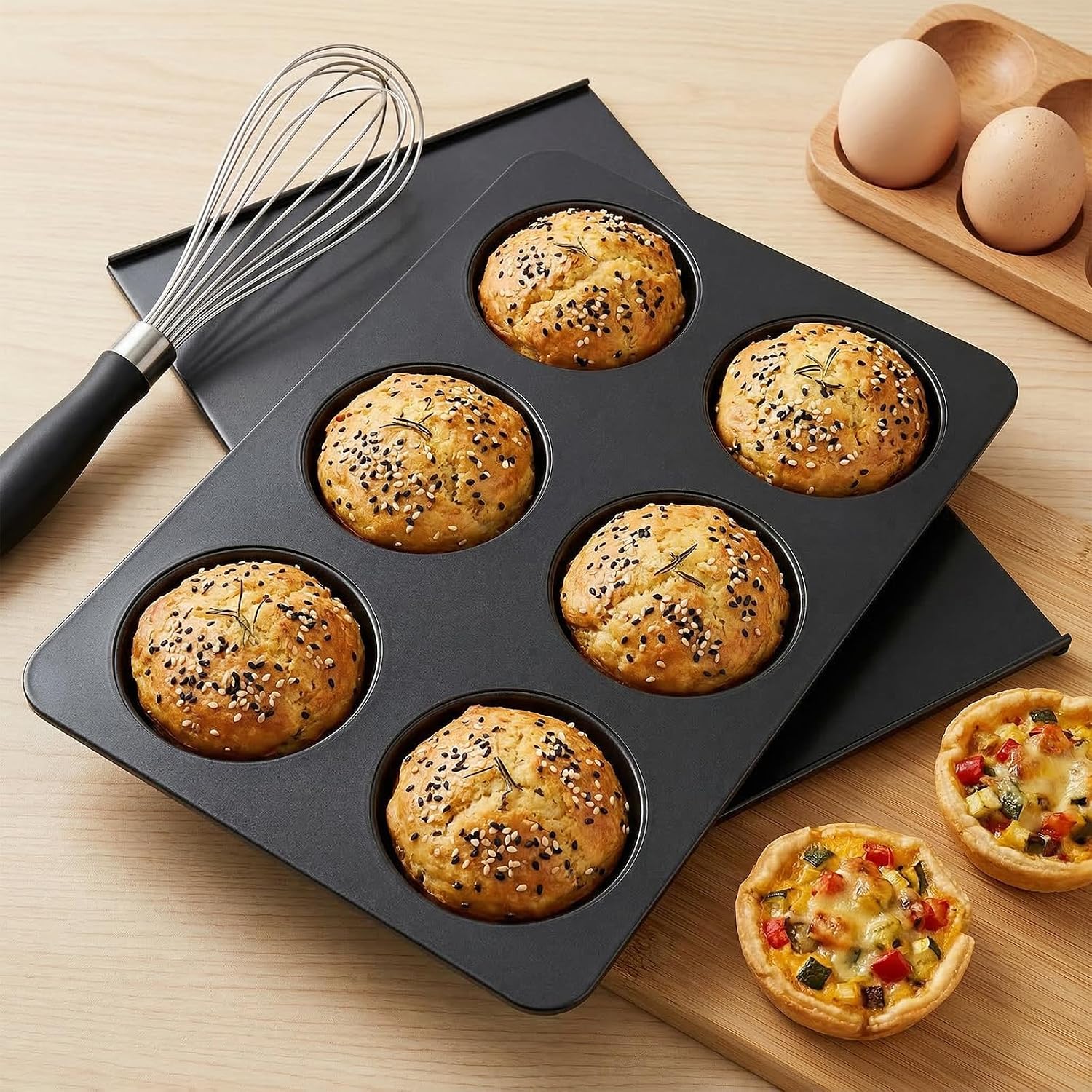 English Muffin Pan - 6 Cup Stainless Steel Muffin Pan with Lid, Straight Side Nonstick Jumbo Baking Mold for Hamburger Buns, Cinnamon Rolls, Quiche & Pancakes (Dark Gray)