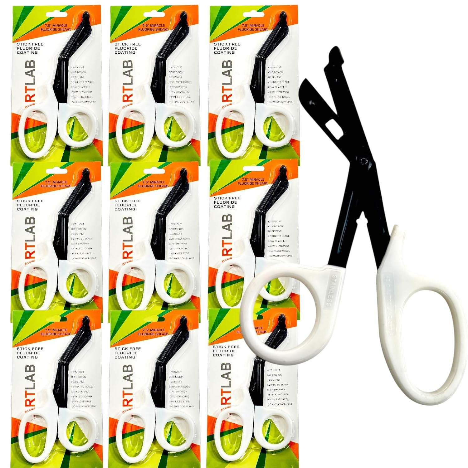 Pack of 10pcs Utility Pramedic Shears with Black Non-Stick Fluoride Coated Blades, 7.5", White Handle | Stainless Steel Multi-Purpose Scissors