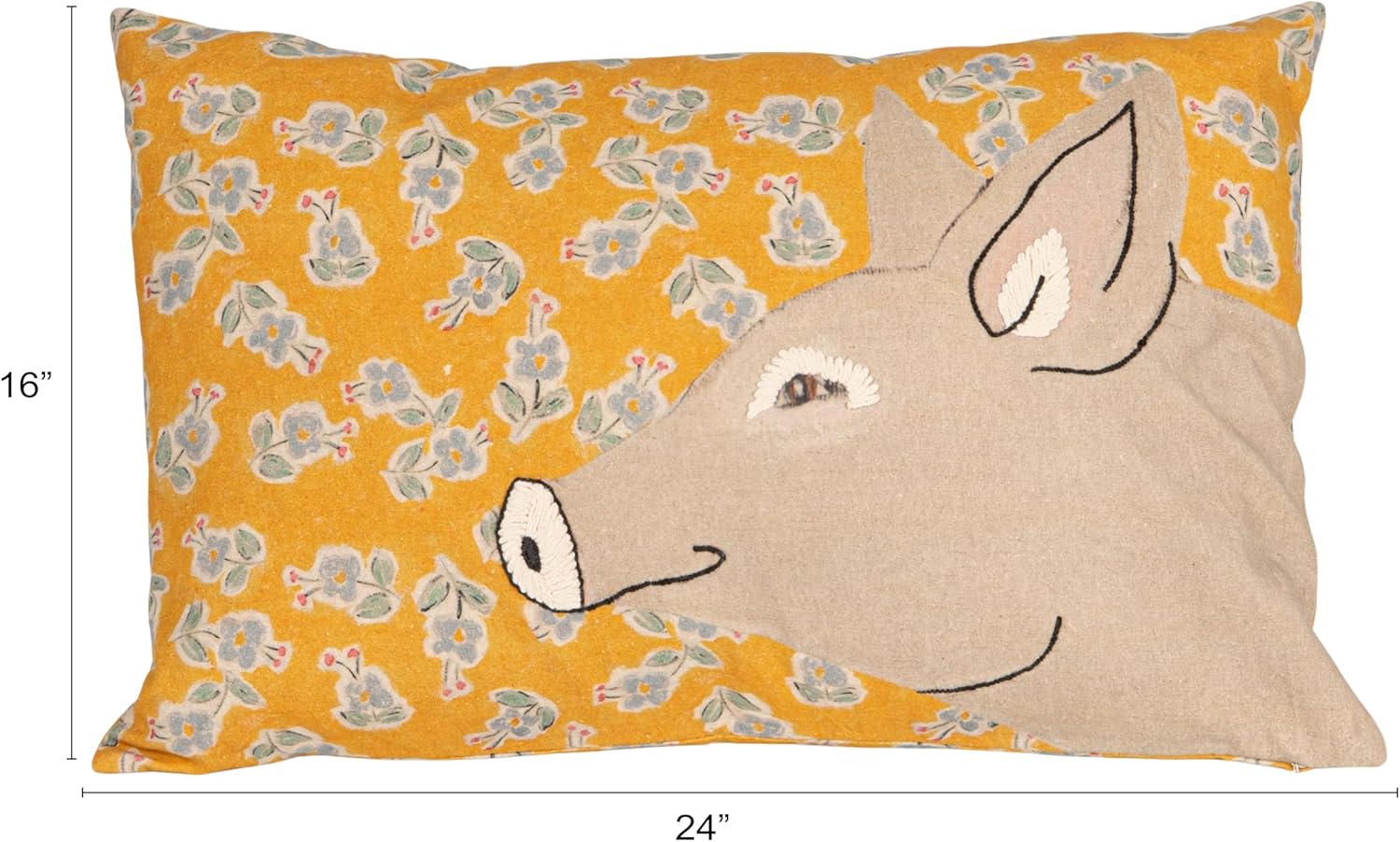 Creative Co-Op Cotton Blend Printed Pillow with Pig Image and Embroidery, Multi Color, Lumbar, Yellow