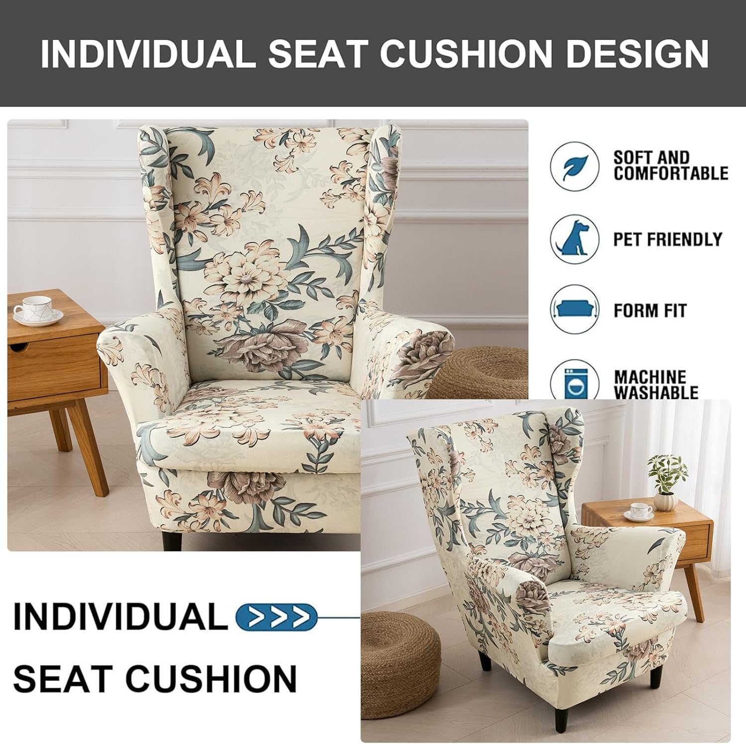 Eco-Ancheng Wingback Chair Cover Wingback Chair Slipcover 2-Piece Wingback Sofa Slipcover Wingback Armchair Slipcovers Furniture Protector with Elastic Bottom for Living Room Bedroom Wingback Chair,52