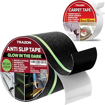 Grip Tape - Heavy Duty Anti Slip Tape for Stairs Outdoor/Indoor Black with Glow in The Dark Strips & Carpet Tape Double Sided - Rug Tape Grippers for Hardwood Floors and Area Rugs