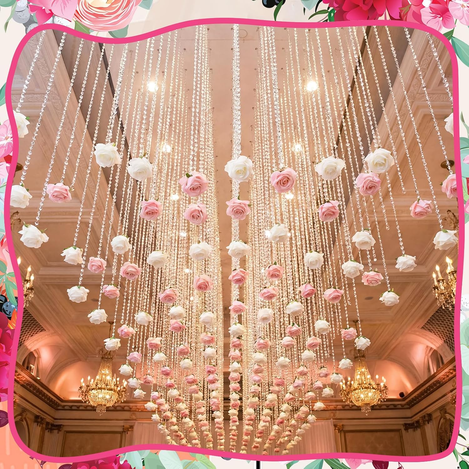 Norme 16pcs 31.4 Inch Wedding Rose Hanging Garland Crystal Beaded String Garland Artificial Rose Flower Decor for Wedding Engagement Bridal Shower Party Valentine's Day Party Decorations