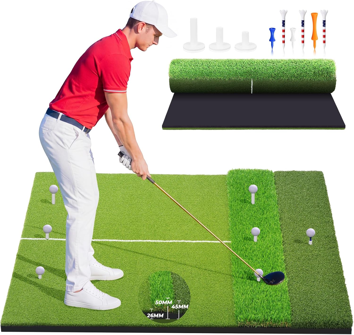 5x4ft & 6x4ft Extra Large Golf Hitting Mat, 26mm Thick Tri-Turf Golf Practice Mat for Indoor Outdoor Training, 3-in-1 Professional Golf Turf for Driving, Chipping & Swinging, Gifts for Him Men Women
